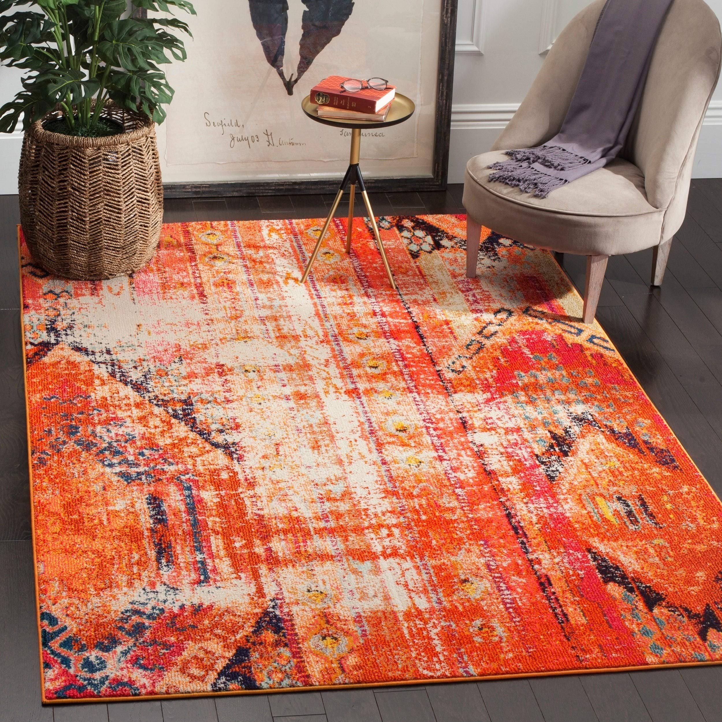 SAFAVIEH Monaco Collection Area Rug - 8 x 10, Orange & Multi, Boho Chic Tribal Distressed Design, Non-Shedding & Easy Care, Id