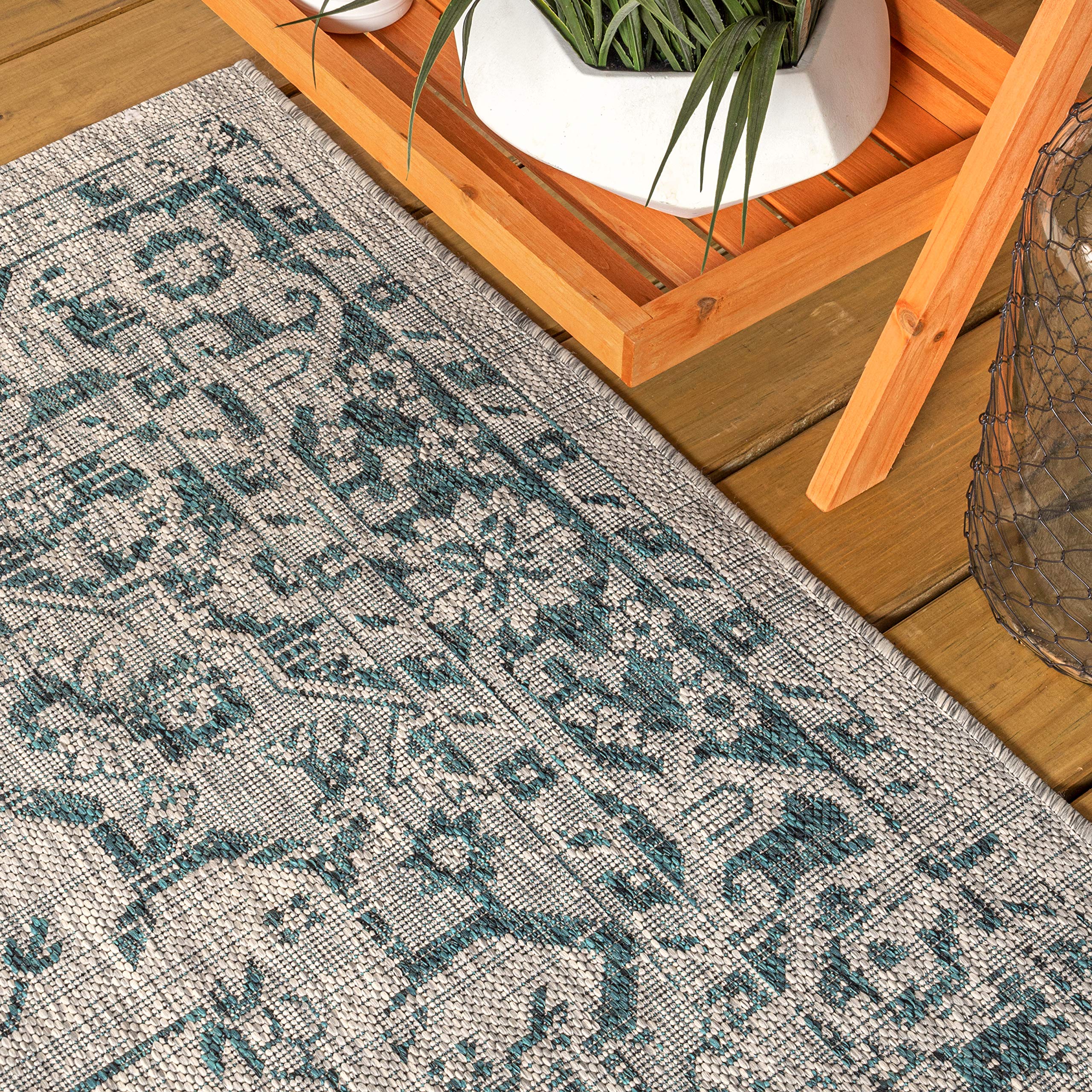 Jonathan Y Smb102C-5Sq Rozetta Boho Medallion Textured Weave Indoor Outdoor -Area Rug Coastal Bohemian Rustic Glam Easy-Cleaning Bedroom Kitchen Backyard Patio Non Shedding, 5' Square, Gray/Teal