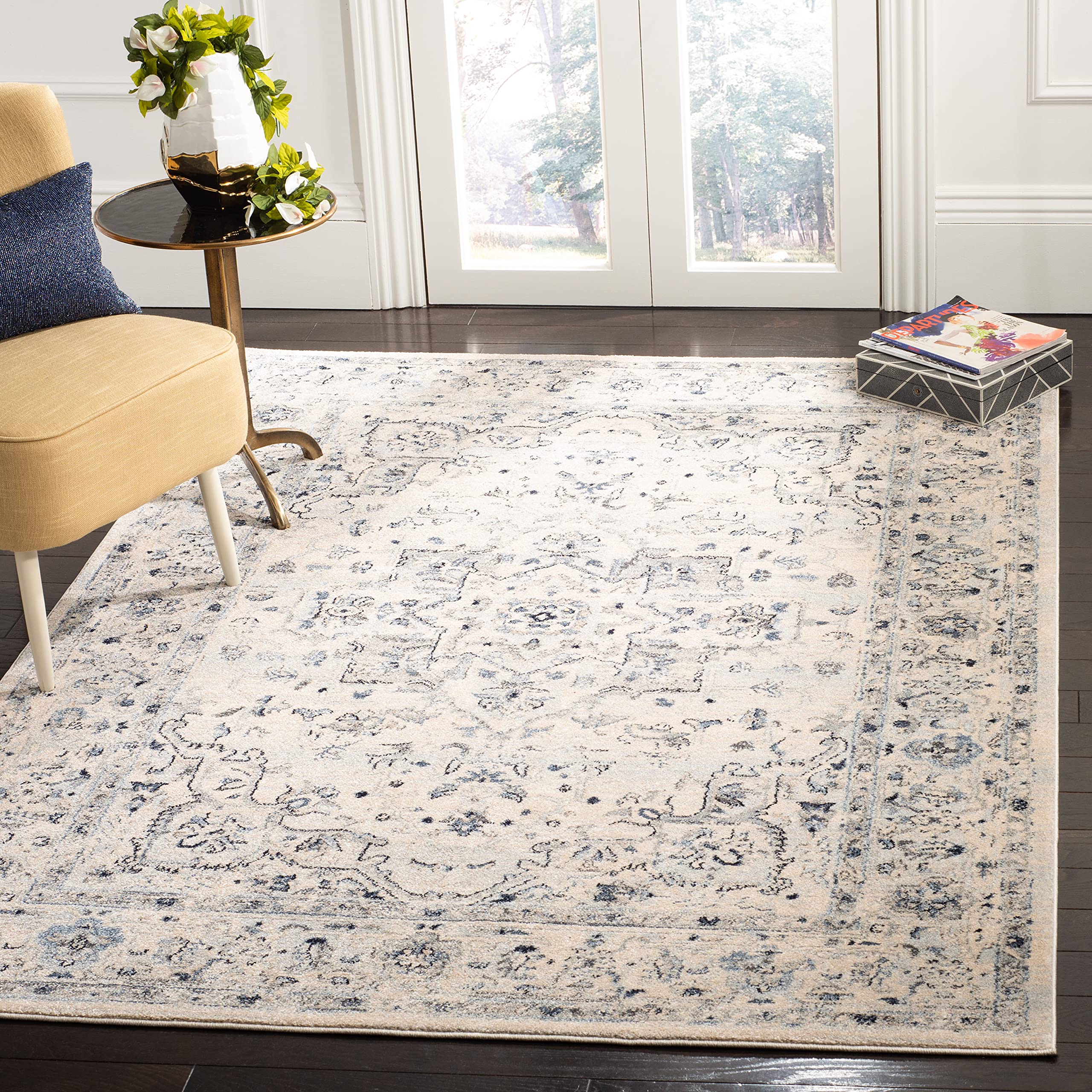 SAFAVIEH Charleston Collection Area Rug - 6 x 9, Ivory & Light Blue, Oriental Distressed Design, Non-Shedding & Easy Care, Ide