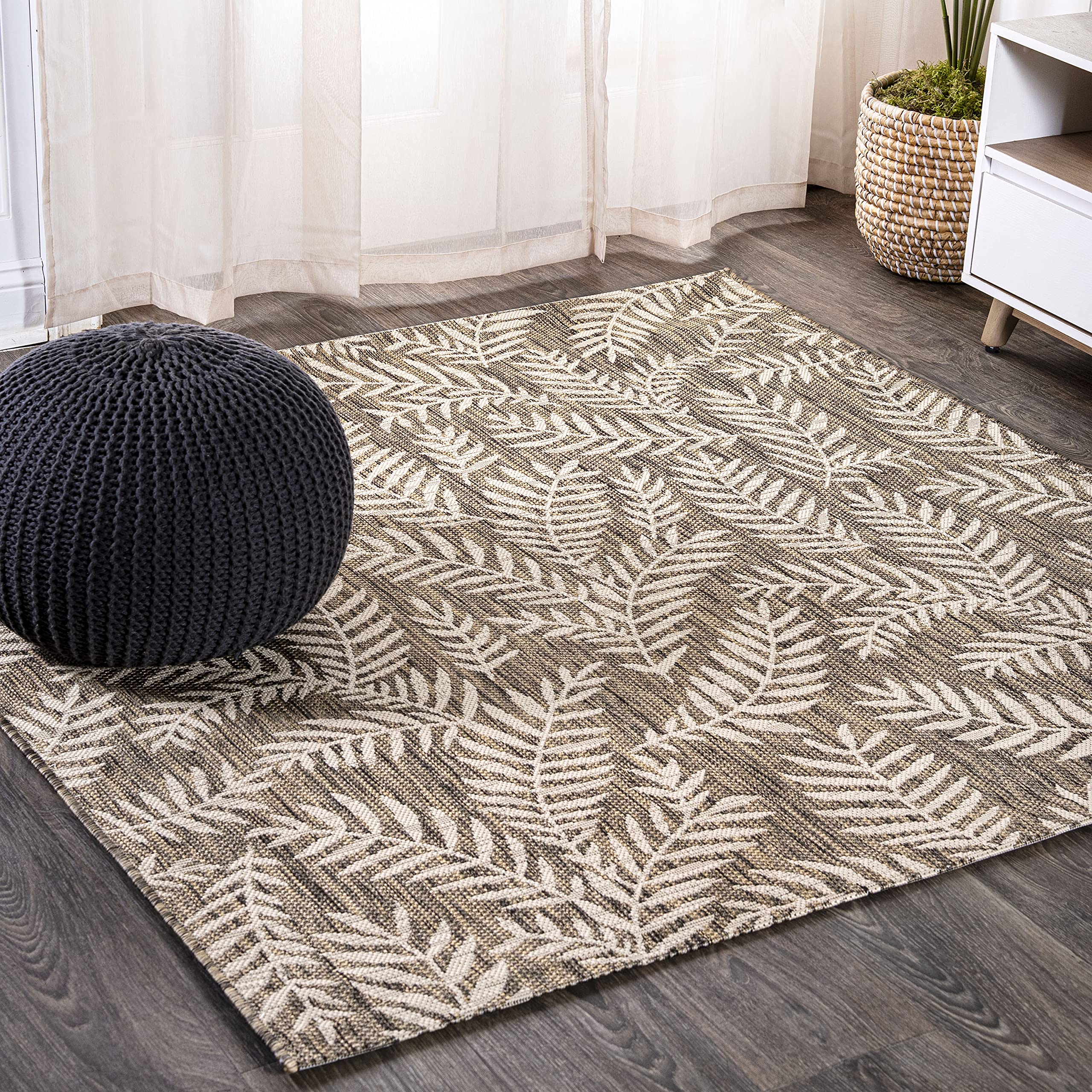JONATHAN Y SMB119A-8SQ Nevis Palm Frond Brown/Beige 8 Square Indoor/Outdoor Area Rug, Pet Friendly, Non-Shedding, Stain Resista