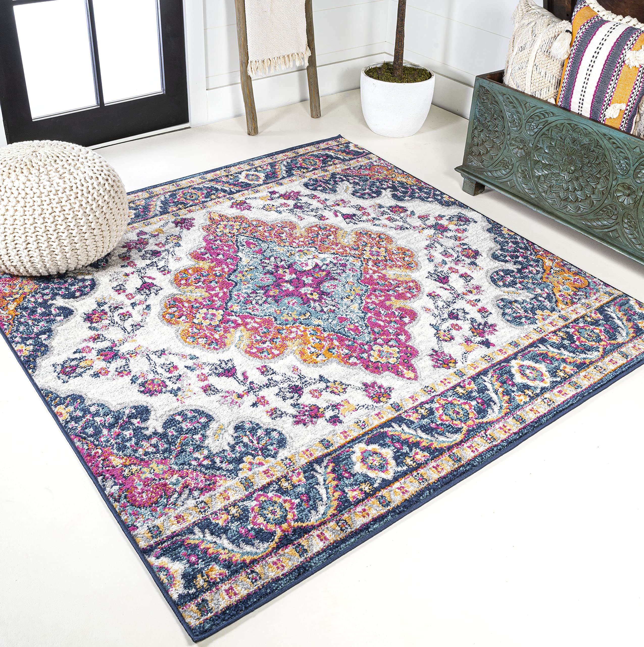 JONATHAN Y BMF106A-9SQ Bohemian Flair Boho Vintage Medallion Blue/Multi 9 Square Area Rug for Bedroom, Kitchen, Living Room, Of