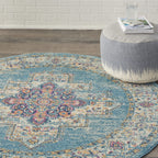 Nourison Passion Light Blue 4' X Round Area Rug, Boho, Traditional, Easy Cleaning, Non Shedding, Bed Room, Living Room, Hallway, (4' Round)