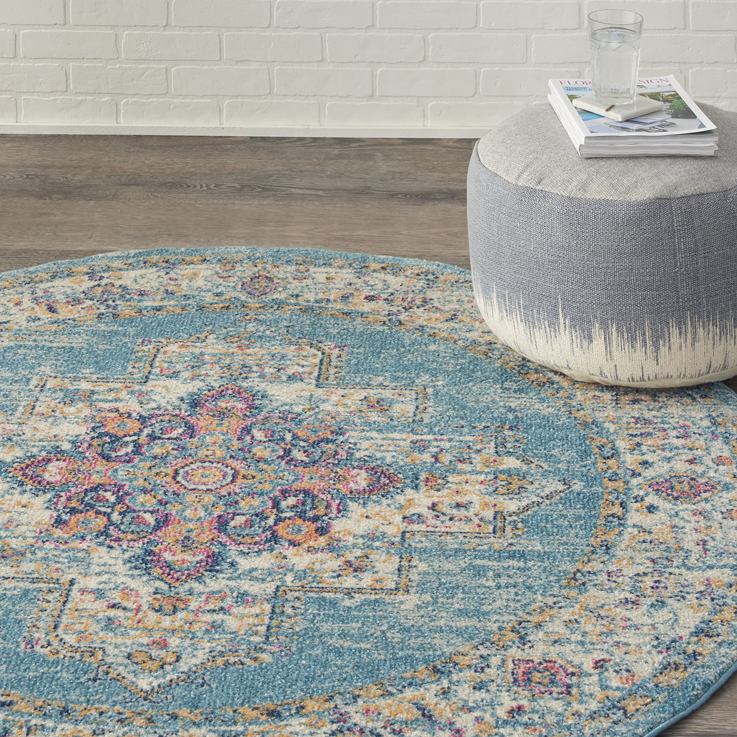 Nourison Passion Light Blue 4' X Round Area Rug, Boho, Traditional, Easy Cleaning, Non Shedding, Bed Room, Living Room, Hallway, (4' Round)