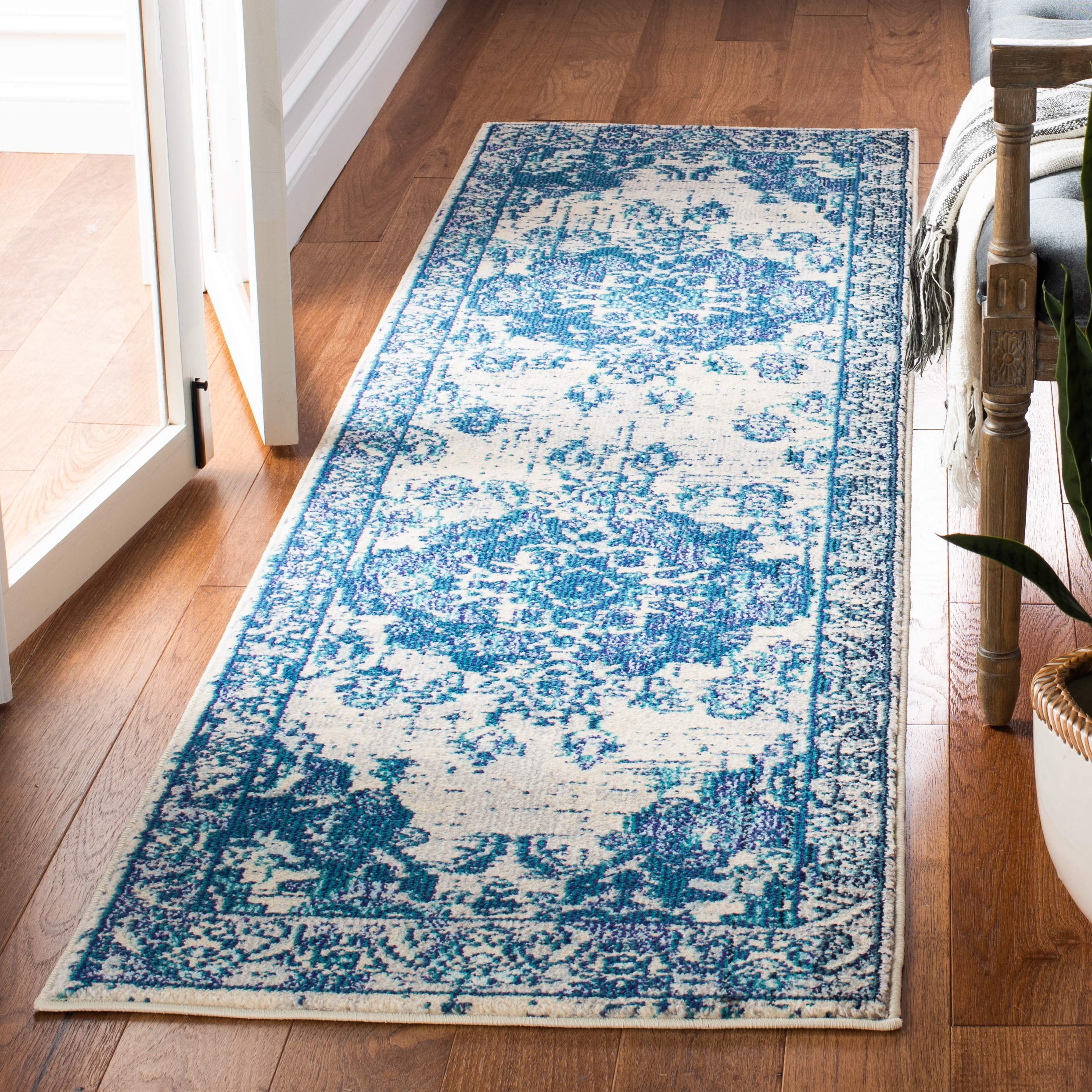 SAFAVIEH Monaco Collection 22 x 8 IvoryBlue MNC243A Boho Chic Medallion Distressed Non-Shedding Living Room Bedroom Runner Rug