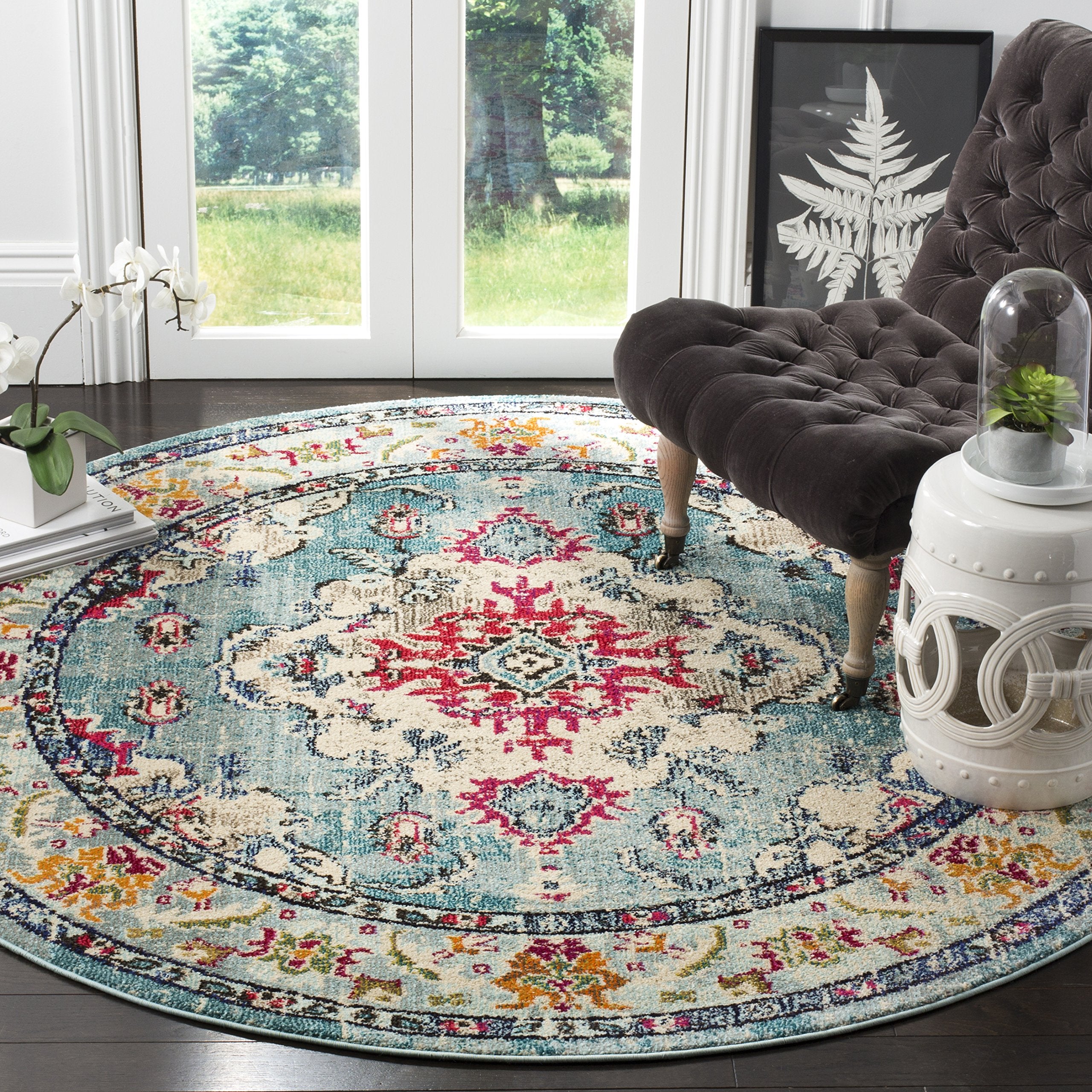 SAFAVIEH Monaco Collection 9 Round Light Blue/Fuchsia MNC243J Boho Chic Medallion Distressed Non-Shedding Dining Room Entryway 