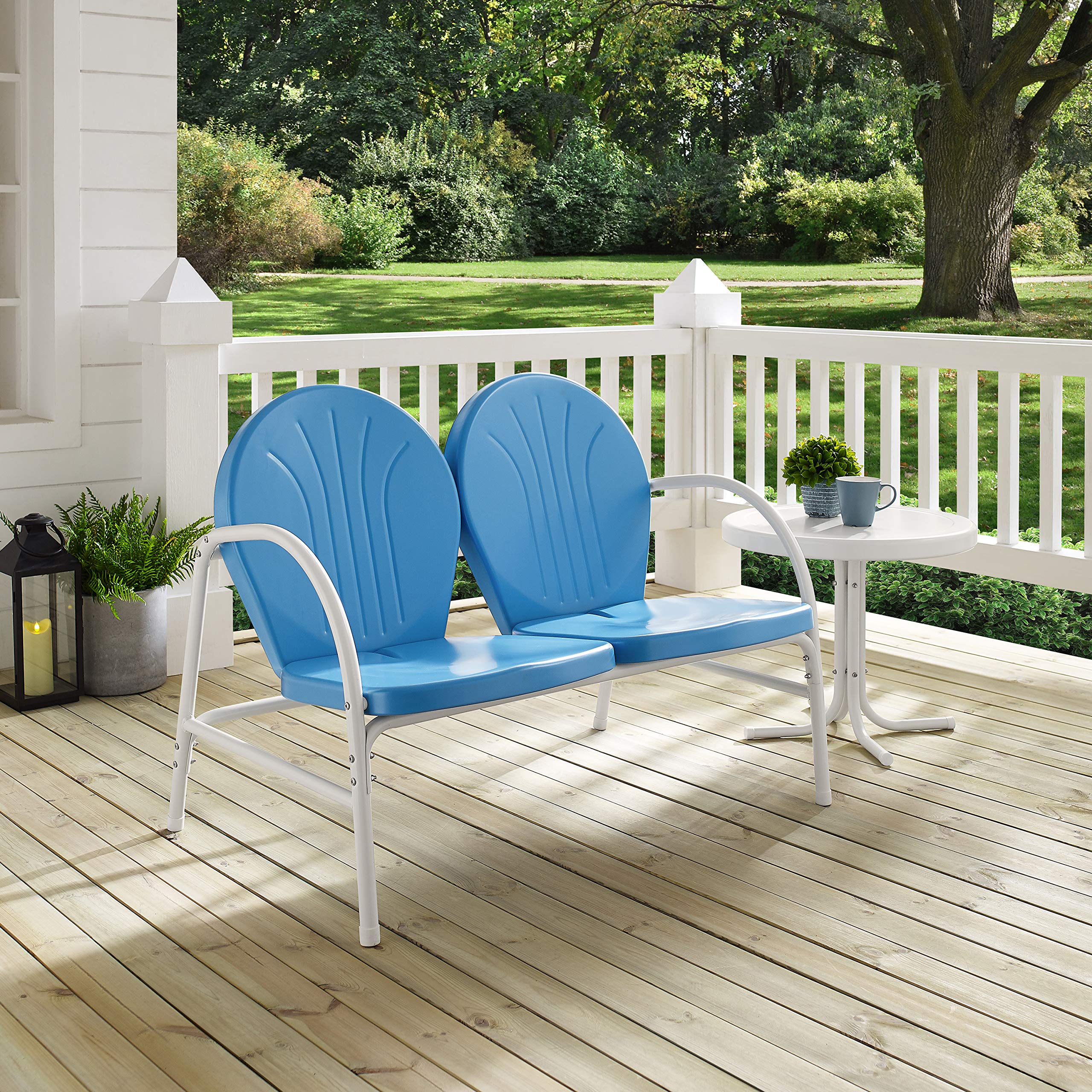 Crosley Furniture Griffith 2-Piece Retro Metal Outdoor Side Table and Loveseat Patio Furniture Set for Porch, Sky Blue