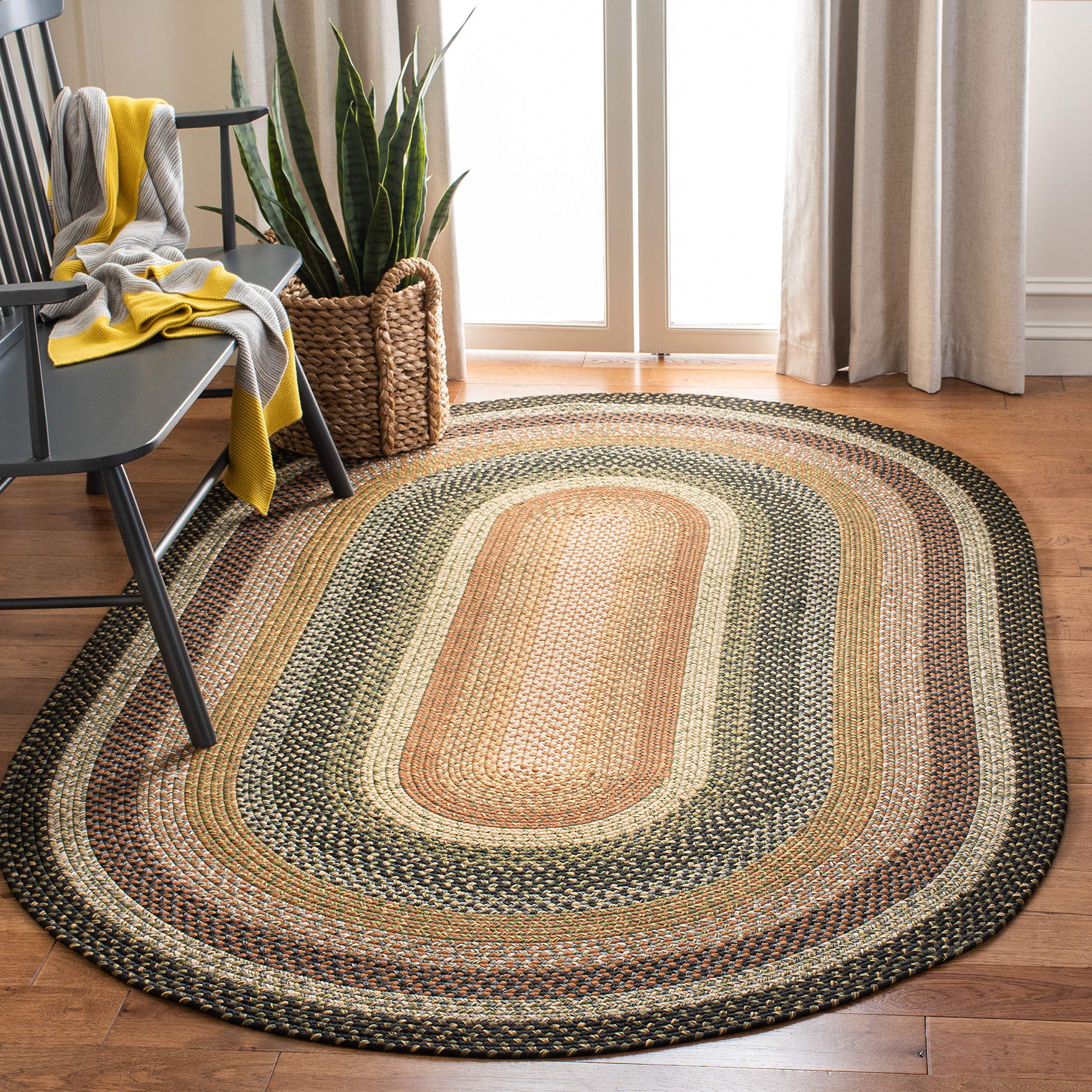 SAFAVIEH Braided Collection Area Rug - 7 x 10 Oval, Multi, Braided Farmhouse Geometric Design, Indoor/Outdoor & Washable, Idea