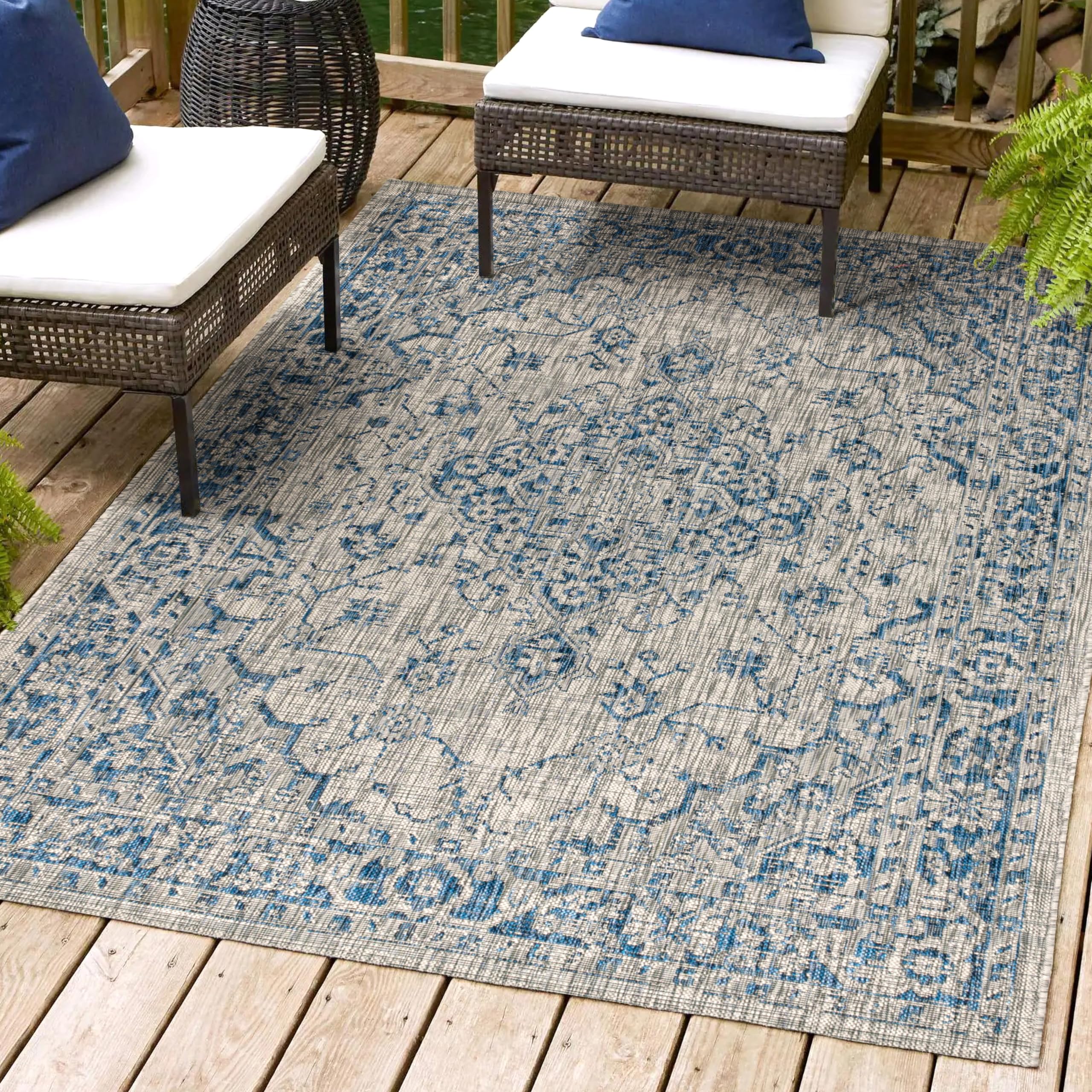 Jonathan Y Smb102B-8 Rozetta Boho Medallion Textured Weave Indoor Outdoor -Area Rug Coastal Bohemian Rustic Glam Easy-Cleaning Bedroom Kitchen Backyard Patio Non Shedding, 8 X 10, Gray/Navy