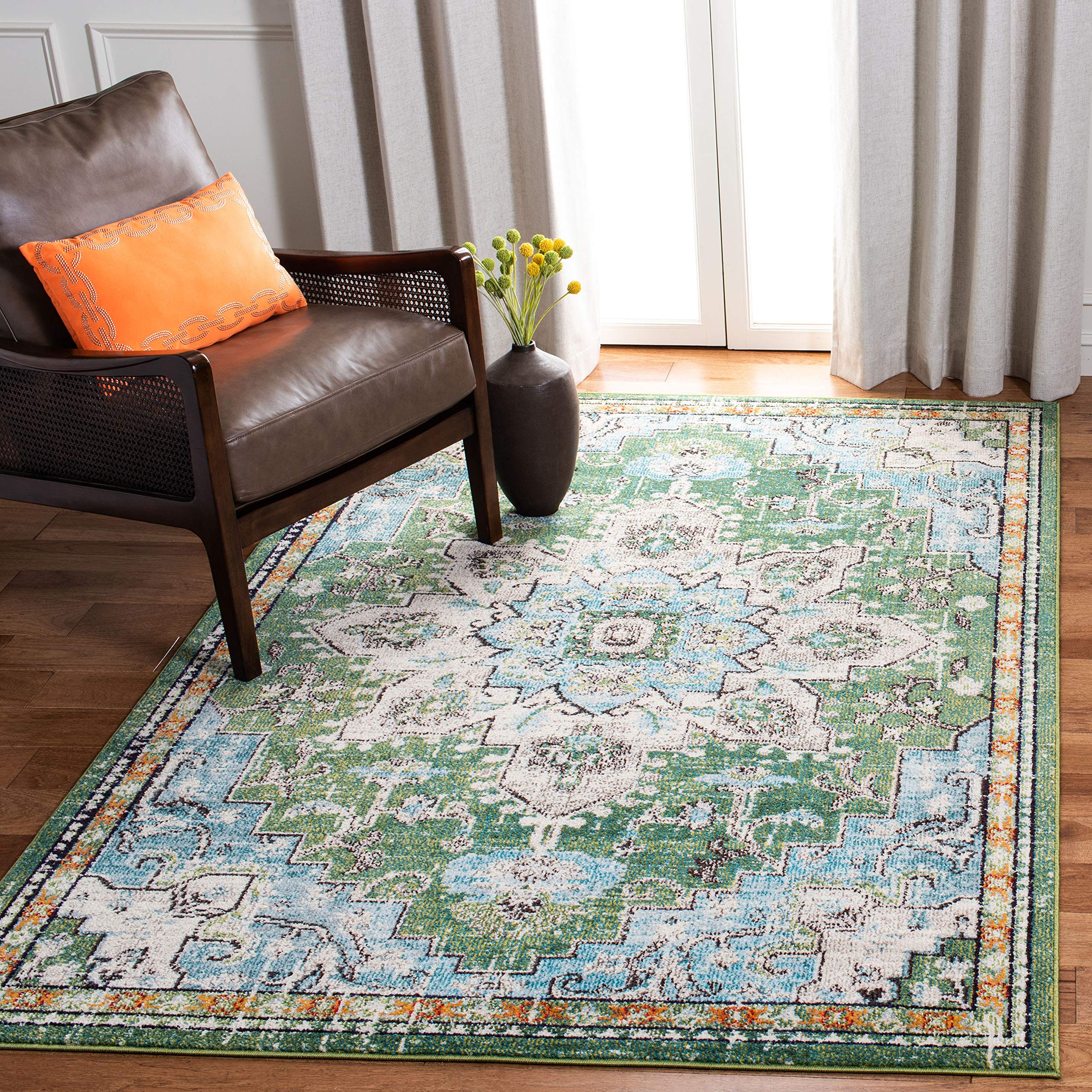 SAFAVIEH Madison Collection 3 Square Green / Turquoise MAD473Y Boho Chic Medallion Distressed Non-Shedding Living Room Bedroom 