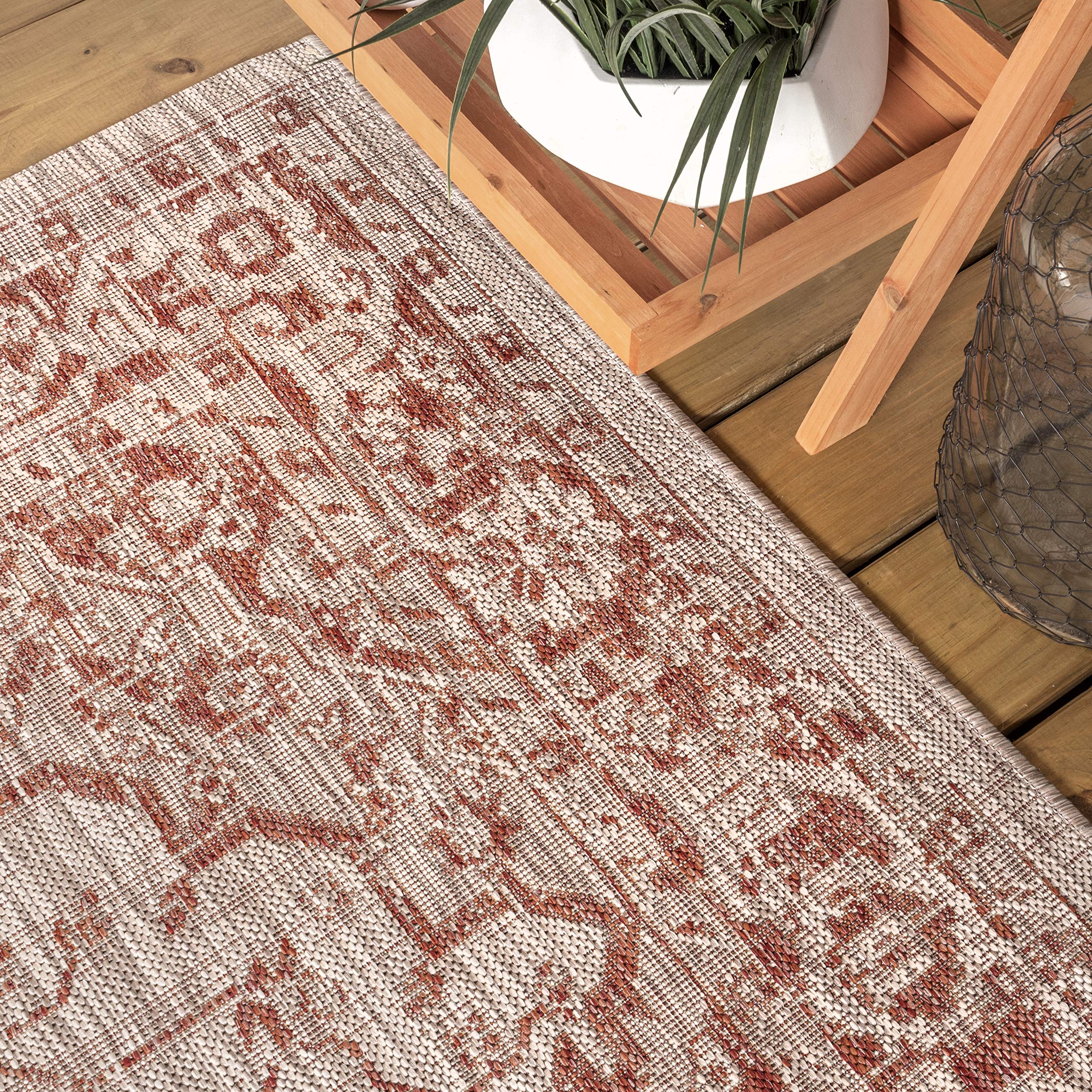 Jonathan Y Smb102A-5Sq Rozetta Boho Medallion Textured Weave Indoor Outdoor Area Rug Coastal Bohemian Rustic Glam Easy Cleaning Bedroom Kitchen Backyard Patio Non Shedding, 5' Square, Red/Taupe