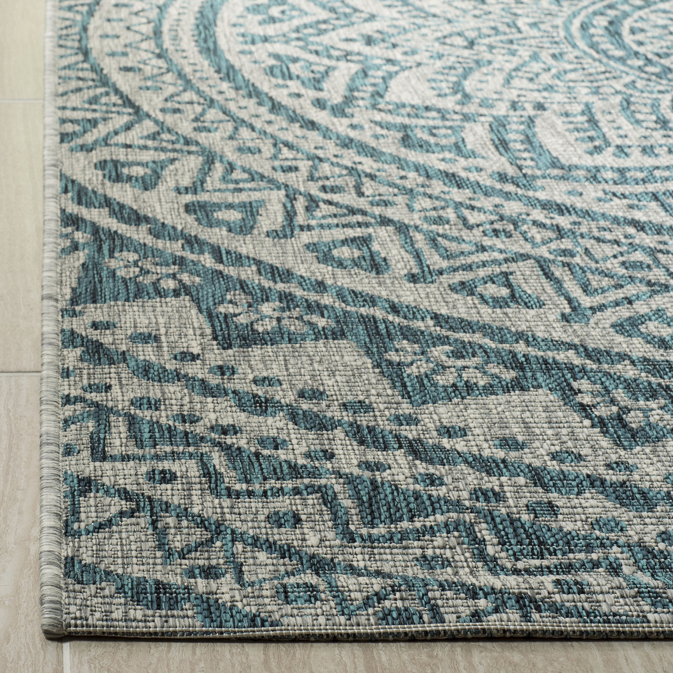 Safavieh Courtyard Collection 2'7' X 5' Light Grey / Teal Cy8734 Indoor/ Outdoor Waterproof Easy Cleaning Patio Backyard Mudroom Area Rug