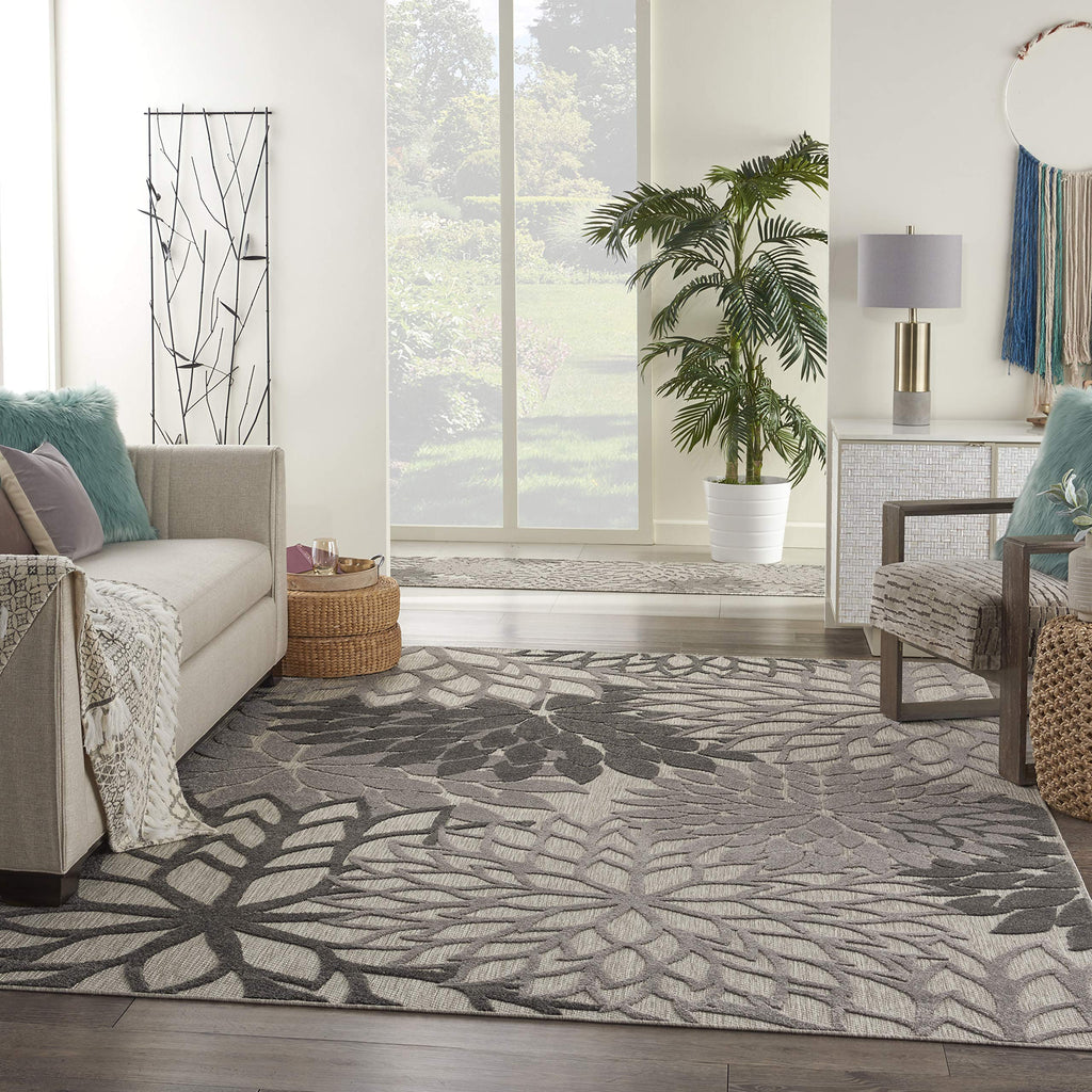 Nourison Aloha Indoor/Outdoor Floral Silver Grey 7'10' X 10'6' Area Rug, (8' X 11')
