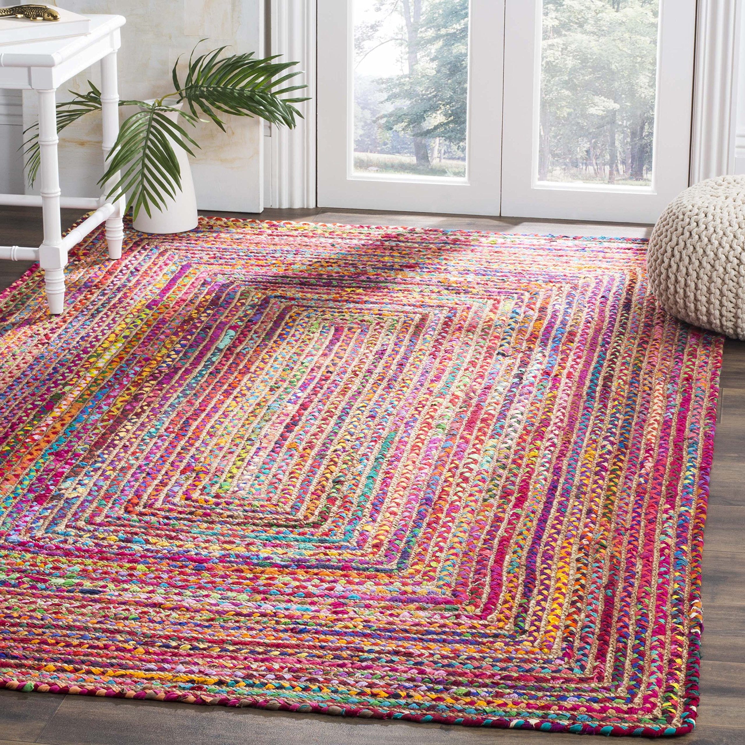 SAFAVIEH Cape Cod Collection Area Rug - 5 Square, Red & Multi, Handmade Boho Braided Jute & Cotton, Ideal for Entryway, Kitchen