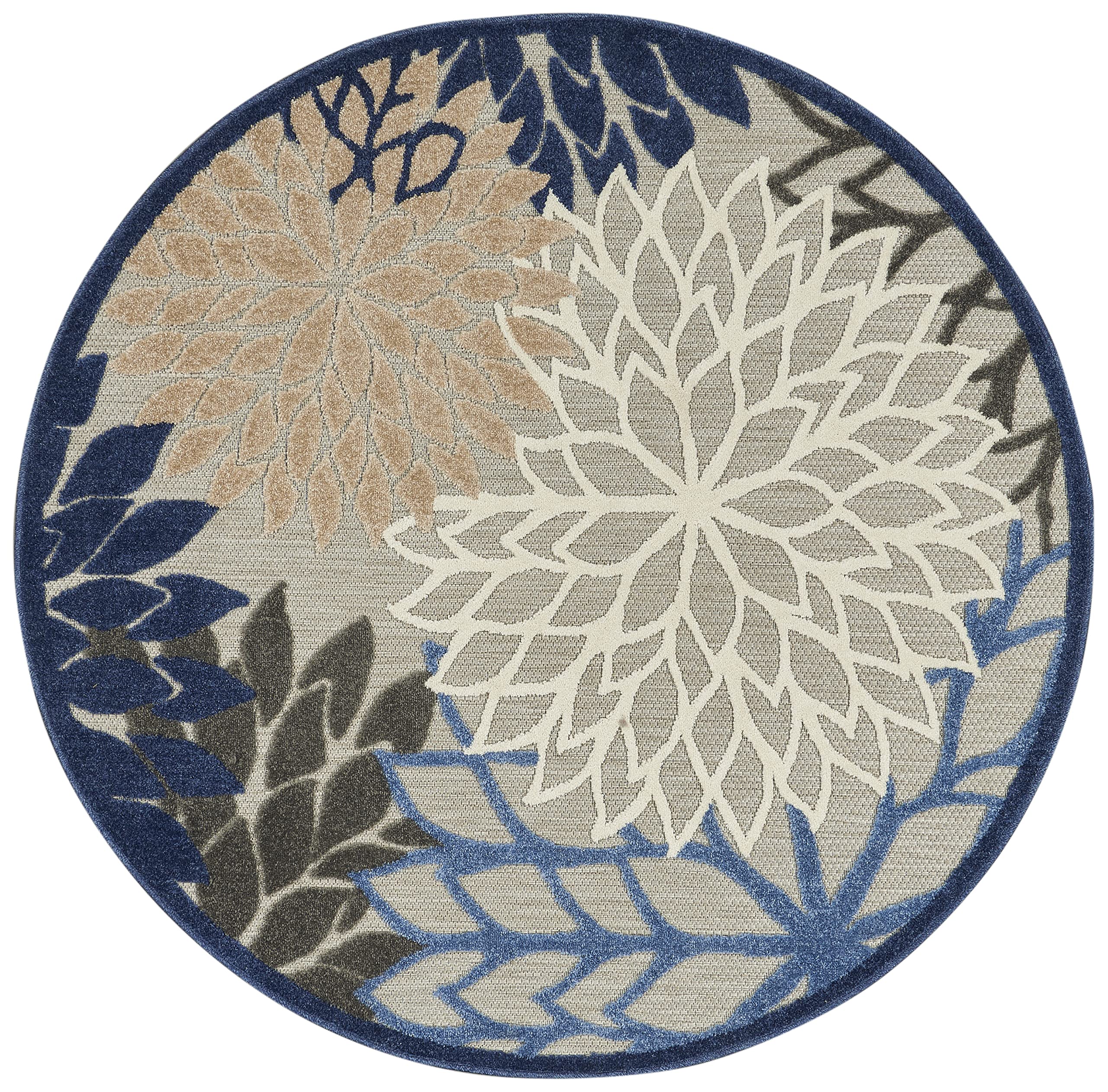 Nourison Aloha Indoor/Outdoor Blue/Multicolor 5'3' X Round Area Rug, Tropical, Botanical, Easy Cleaning, Non Shedding, Bed Room