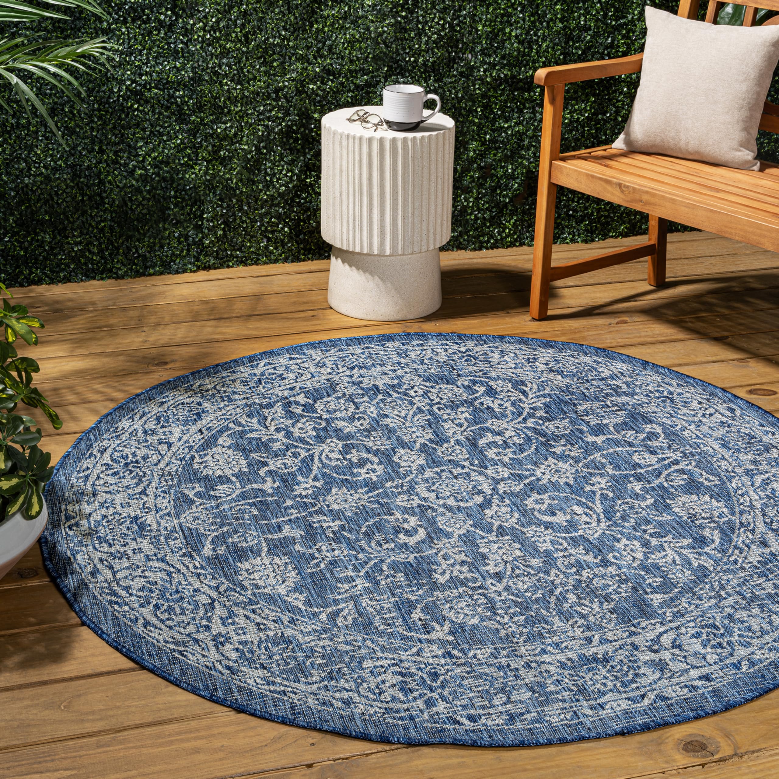 JONATHAN Y SMB100B-8R Tela Bohemian Textured Weave Floral Navy/Gray 8 Round Indoor/Outdoor Area Rug, Pet Friendly, Non-Shedding