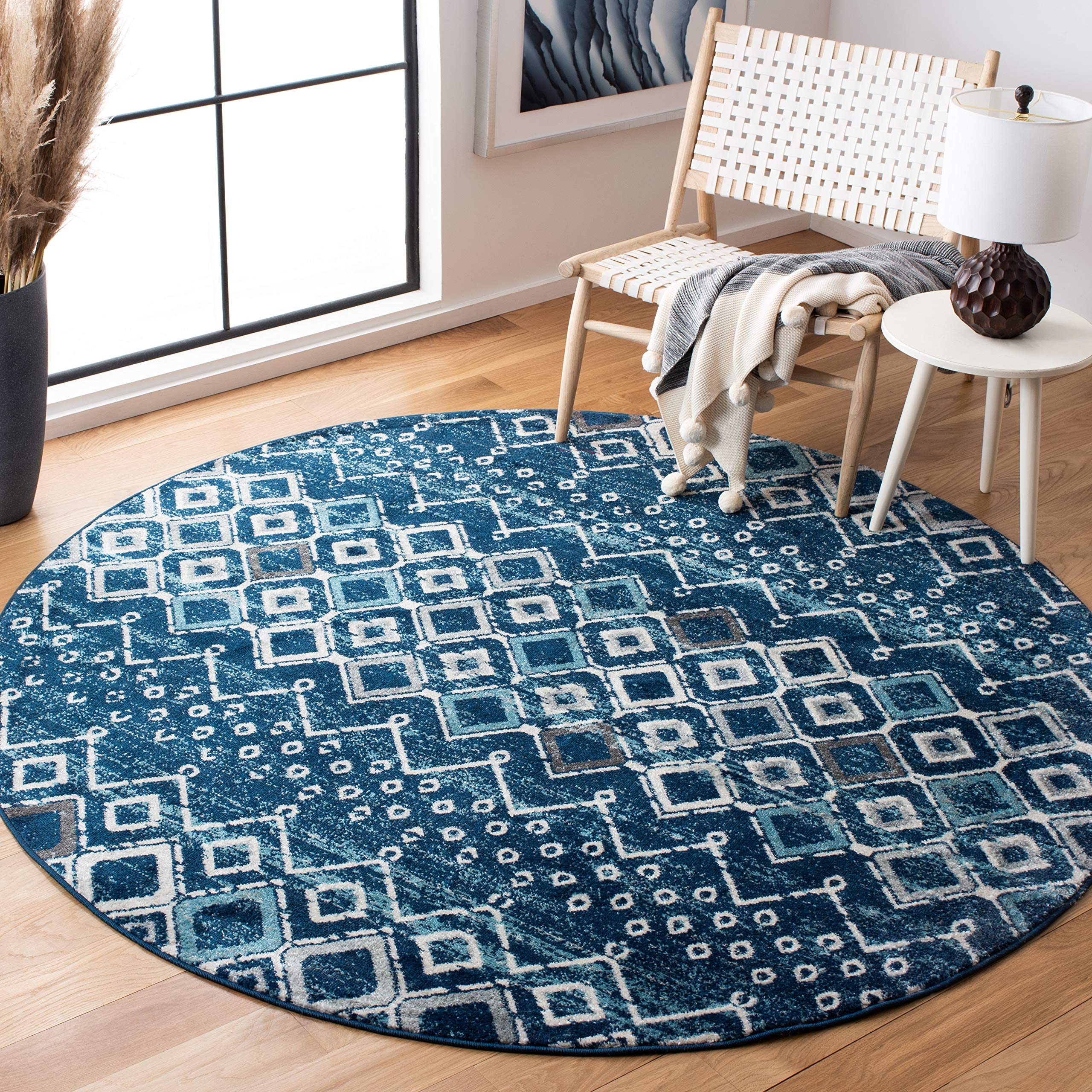 SAFAVIEH Amsterdam Collection 3 Round Navy/Beige AMS108N Moroccan Boho Non-Shedding Entryway Foyer Living Room Bedroom Kitchen 