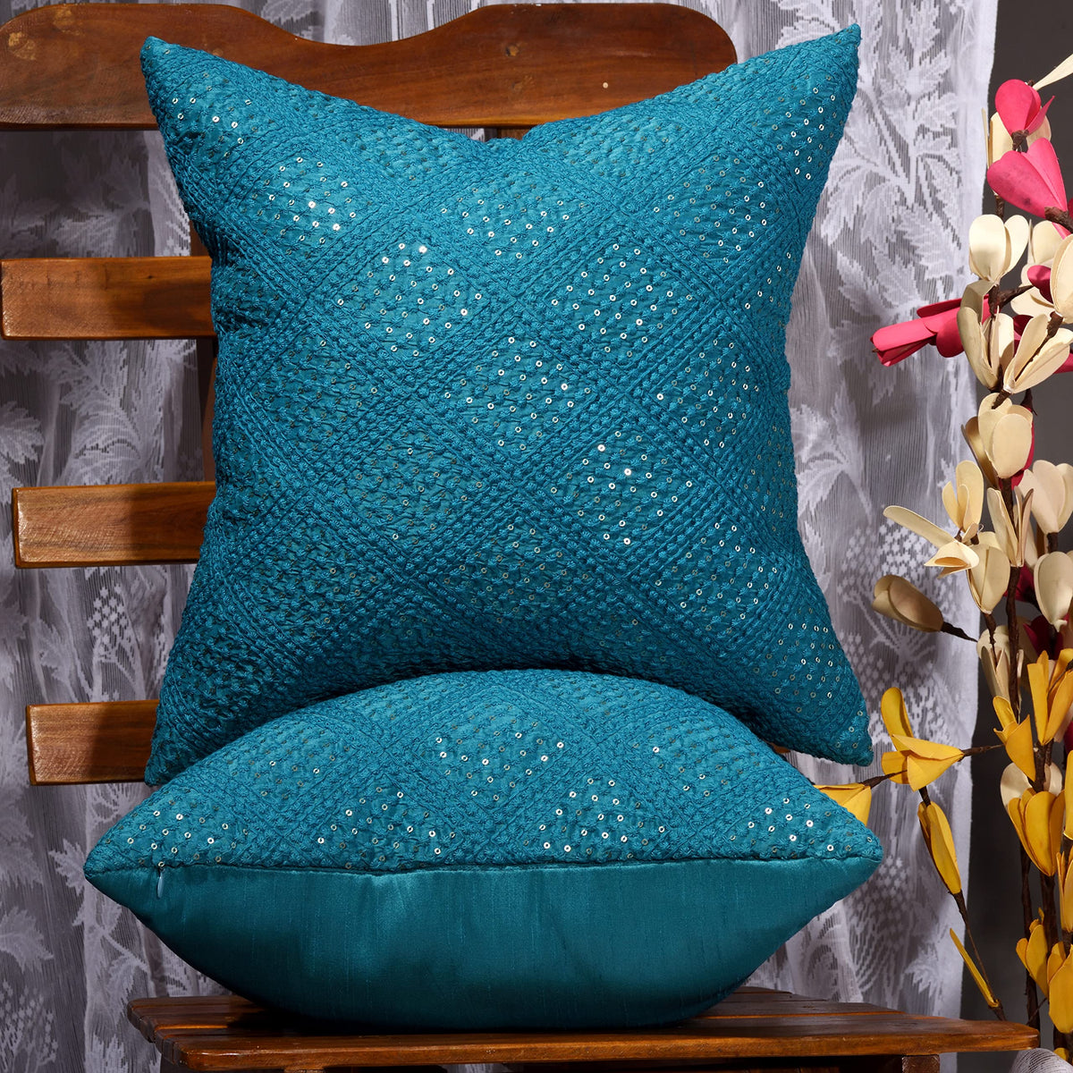 Scarlett Linens Silk Mirror Work Cushion Cover For Room DCor | Embroidered Decorative Pillow For Sofa | Cushion Cover Sofa Waist