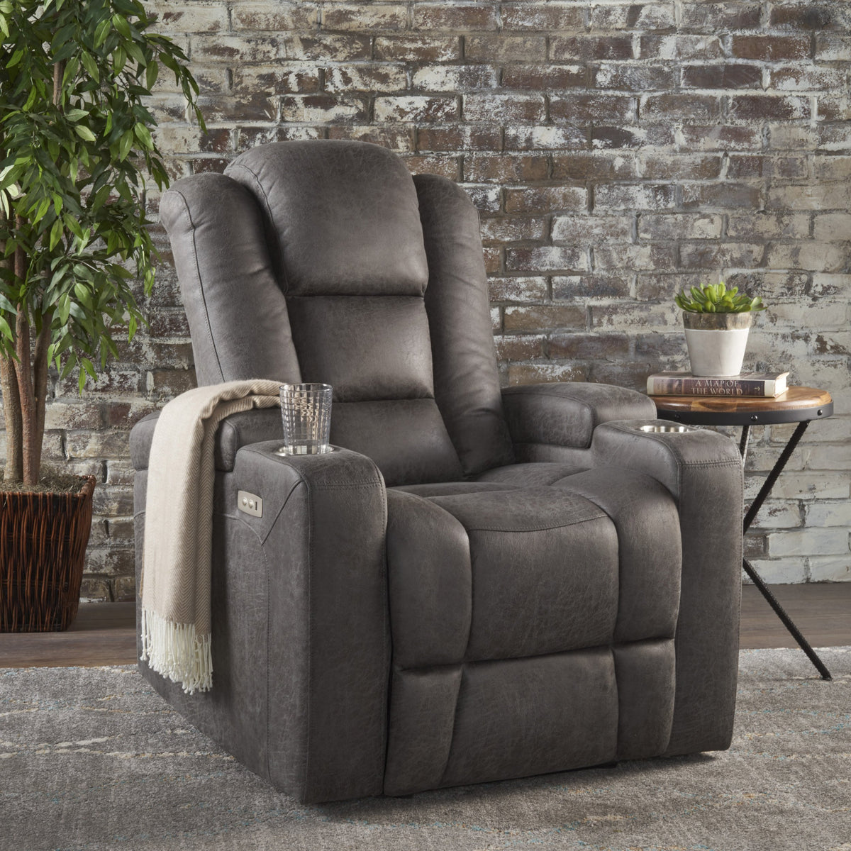 Christopher Knight Home Emersyn Tufted Microfiber Power Recliner With Arm Storage And Usb Cord, Slate / Black 38.75D X 33W X 41.