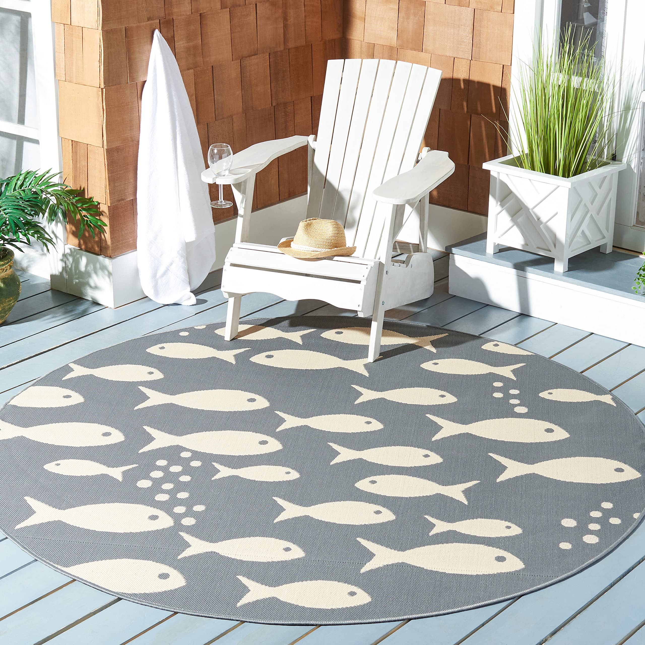 Safavieh Courtyard Collection 4' Round Dark Grey/Beige Cy6012 Indoor/Outdoor Waterproof Easy Cleaning Patio Backyard Mudroom Are