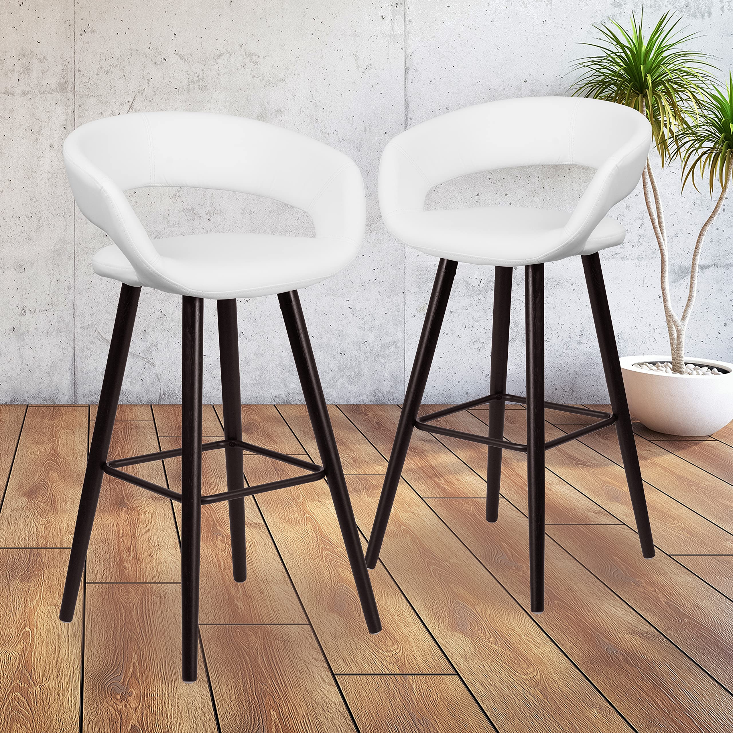 2 Pk. Brynn Series 29 High White Vinyl Barstool with Cappuccino Wood Frame