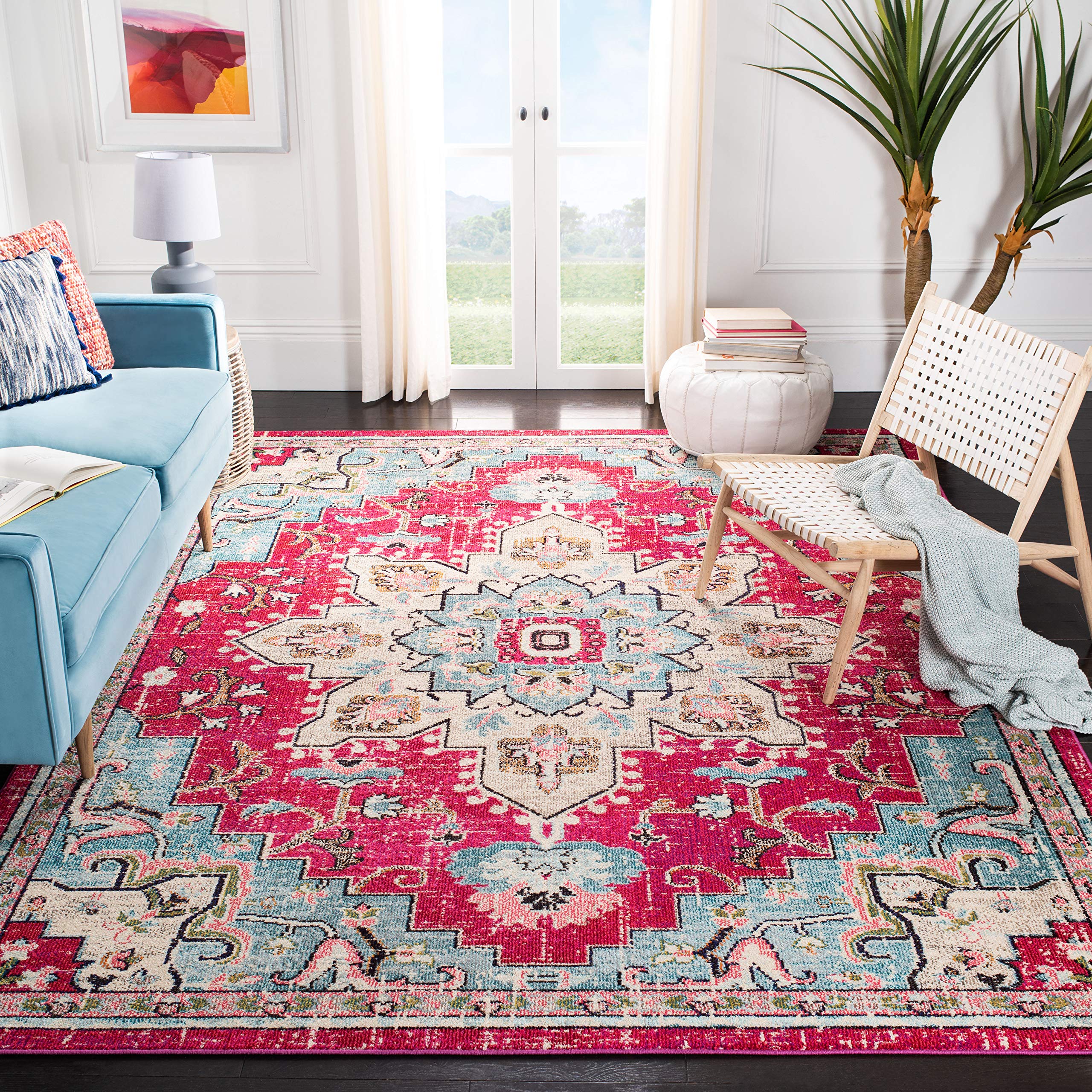 SAFAVIEH Madison Collection Area Rug - 12 x 18, Fuchsia & Blue, Boho Chic Medallion Distressed Design, Non-Shedding & Easy Car