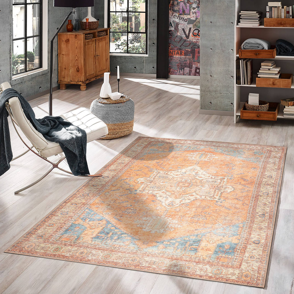 GLN Rugs Stain Resistant Machine Washable Area Rug - Vintage Boho Distressed Aesthetic - Non-Slip Backing - Indoor Floor Home De