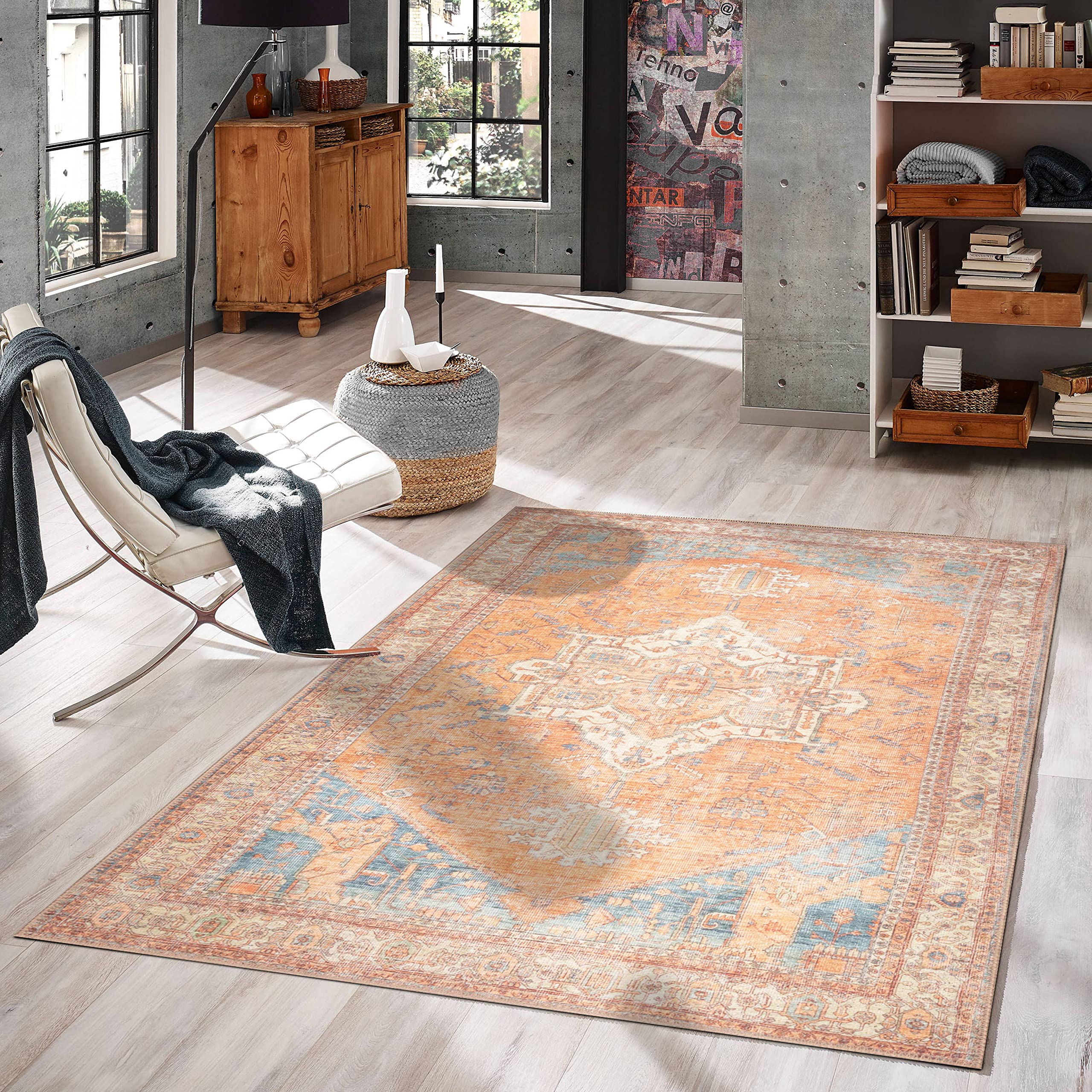 GLN Rugs Stain Resistant Machine Washable Area Rug - Vintage Boho Distressed Aesthetic - Non-Slip Backing - Indoor Floor Home De