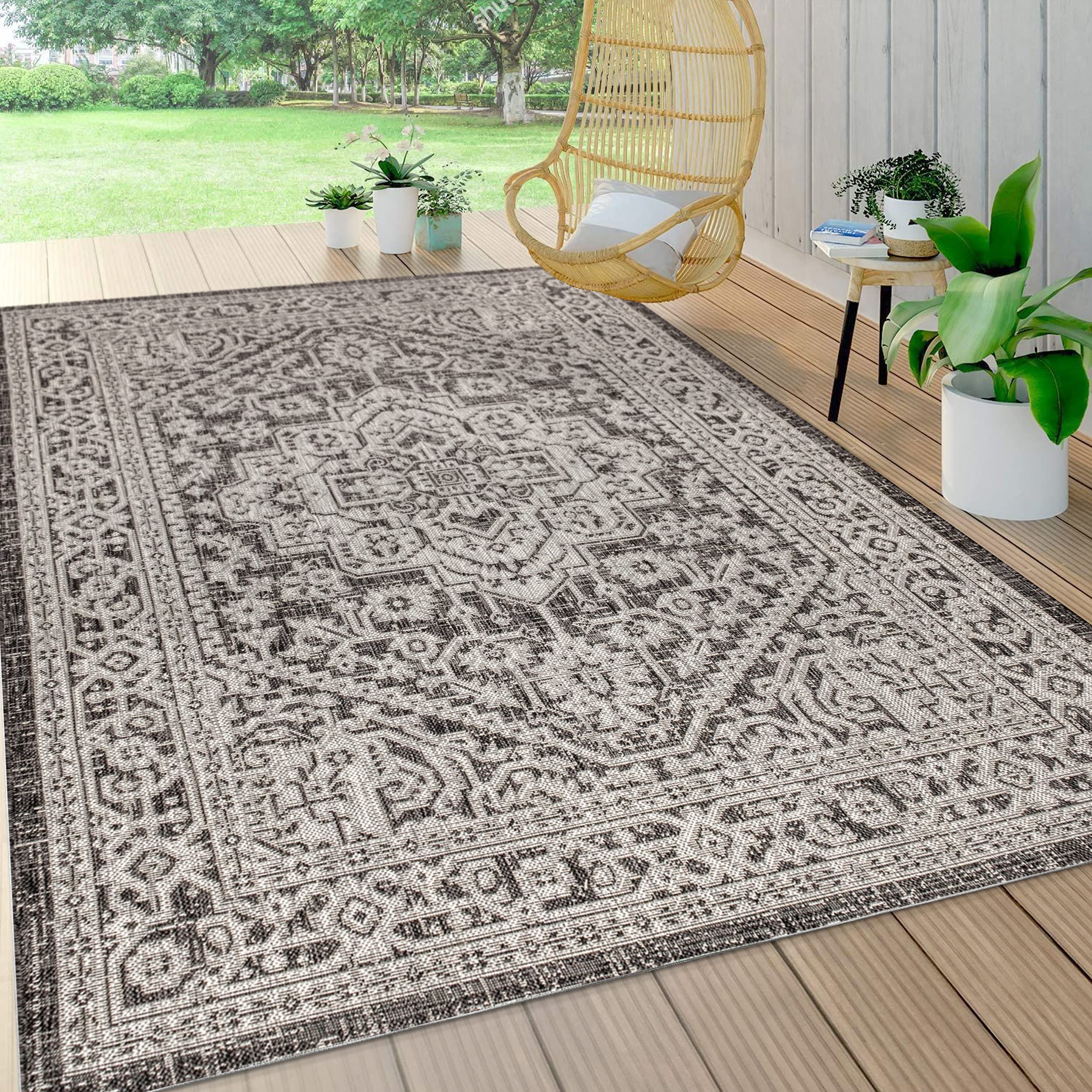 Jonathan Y Smb101D-5 Sinjuri Medallion Textured Weave Indoor/Outdoor Gray/Black 5 Ft. X 8 Ft. Area-Rug, Coastal,Easy-Cleaning,Forhightraffic,Kitchen,Livingroom,Backyard, Non Shedding