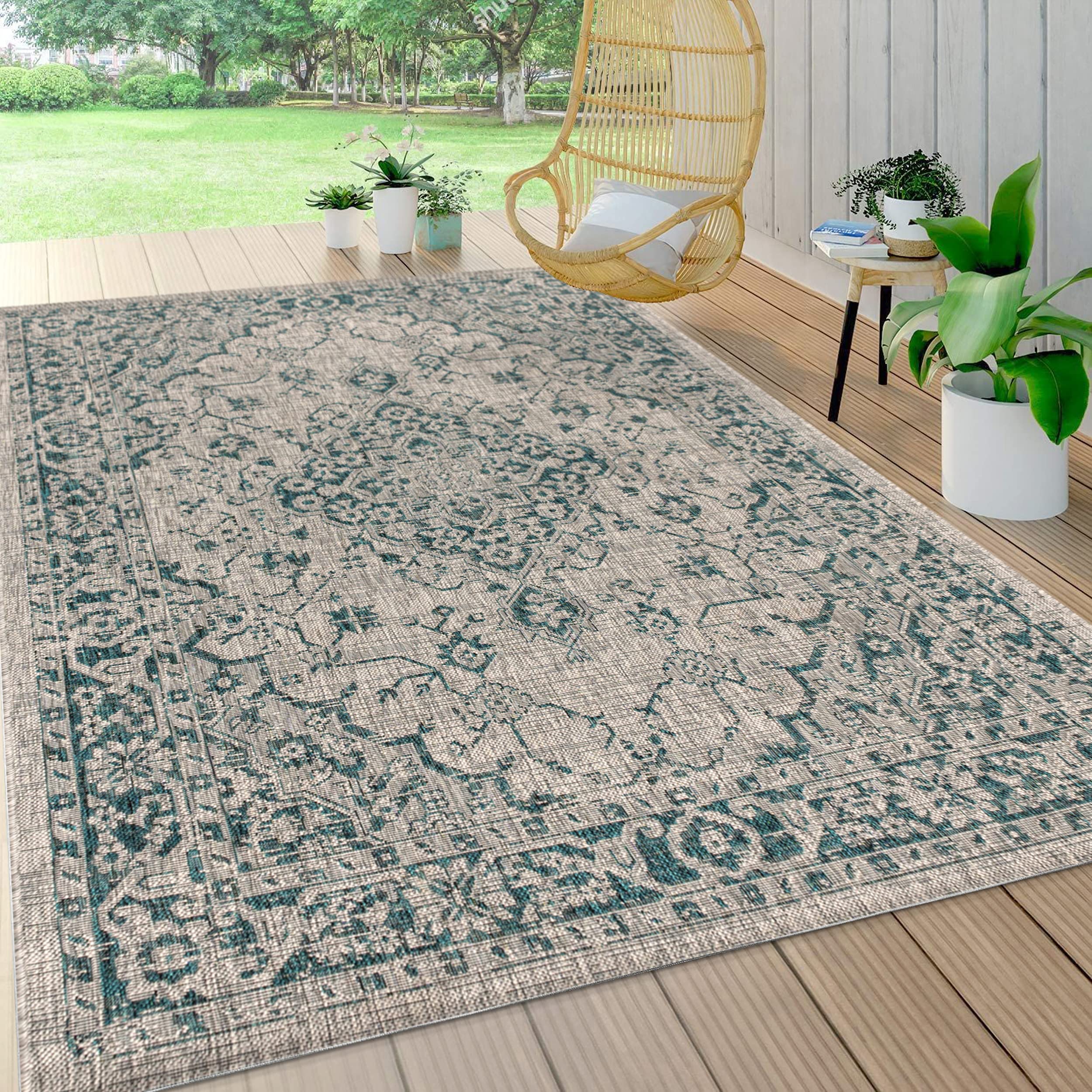 Jonathan Y Smb102C-8 Rozetta Boho Medallion Textured Weave Indoor Outdoor -Area Rug Coastal Bohemian Rustic Glam Easy-Cleaning Bedroom Kitchen Backyard Patio Non Shedding, 8 X 10, Gray/Teal