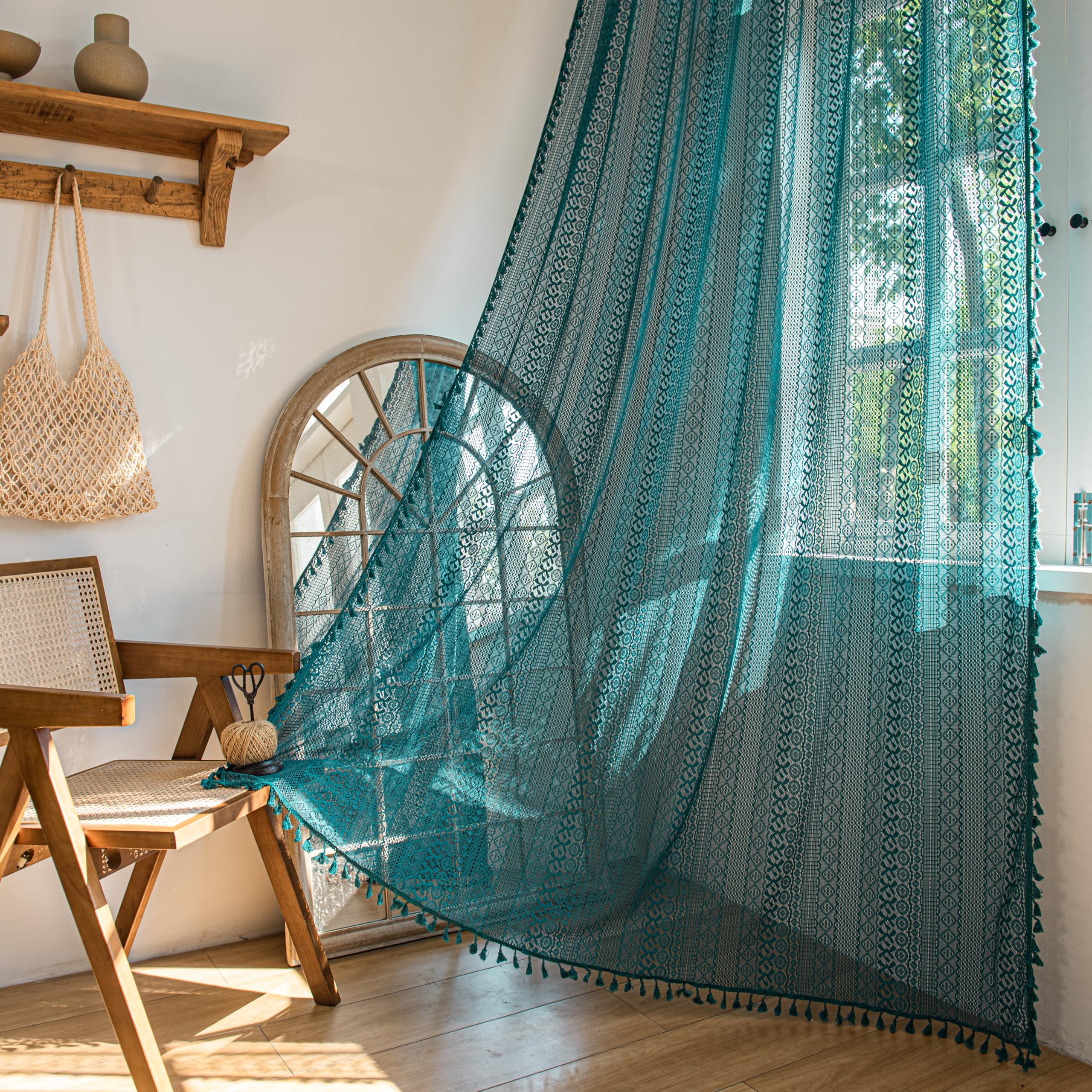 Sutuo Home Boho Curtains Crochet Lace Sheer Bohemian Hollow Knitted with Tassels, Window Treatment Privacy Vintage Rustic Farmho