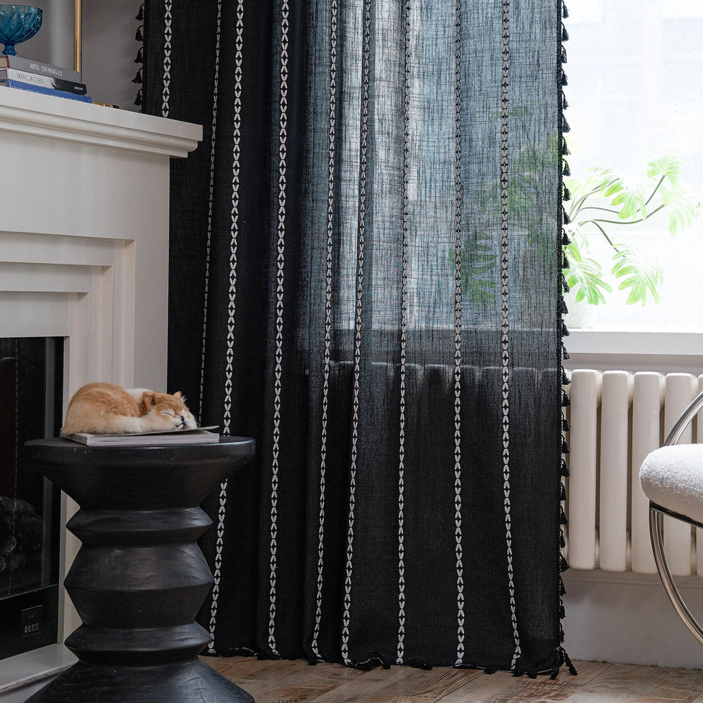 Sutuo Home Boho Curtain For Bedroom, Semi Blackout Linen Farmhouse Shabby Chic Tassels Window Treatment Bohemian Embroidery Drap