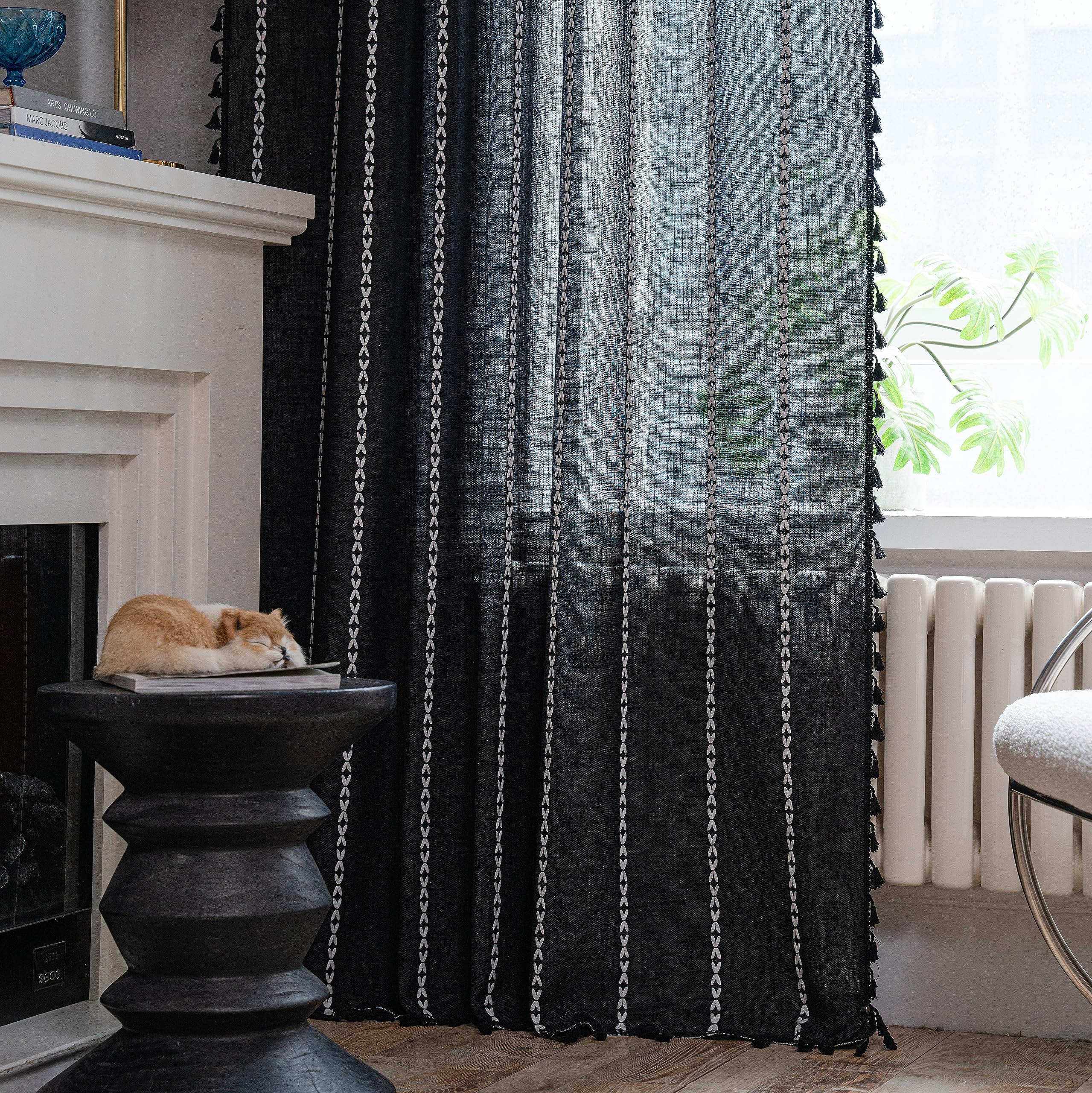 Sutuo Home Boho Curtain For Bedroom, Semi Blackout Linen Farmhouse Shabby Chic Tassels Window Treatment Bohemian Embroidery Drap