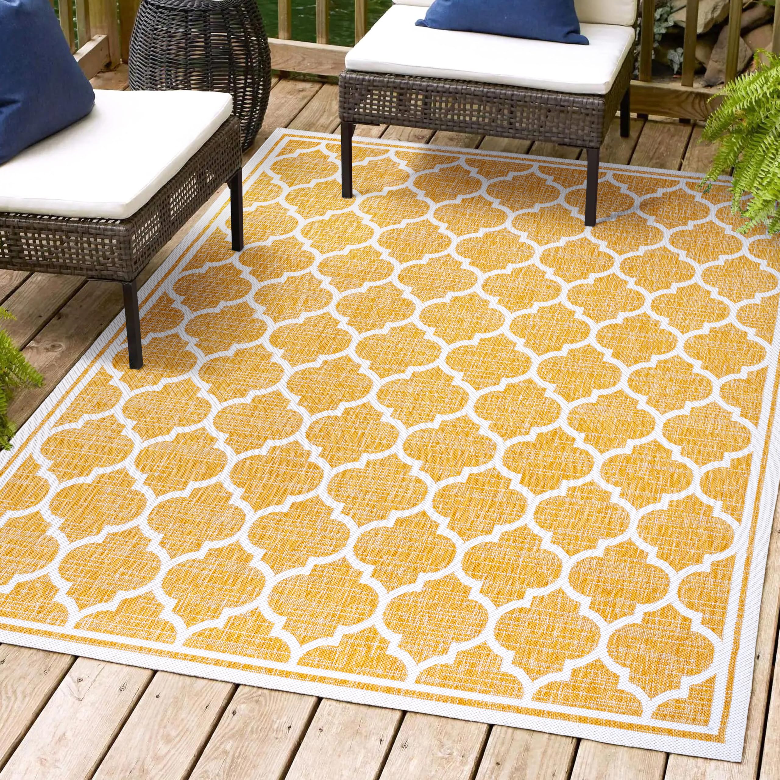 Jonathan Y Smb109F-9 Trebol Moroccan Trellis Textured Weave Indoor Outdoor Area Rug, Bohemian Coastal Contemporary Easy Cleaning,Bedroom,Kitchen,Backyard,Patio,Non Shedding, 9 X 12, Yellow/Cream