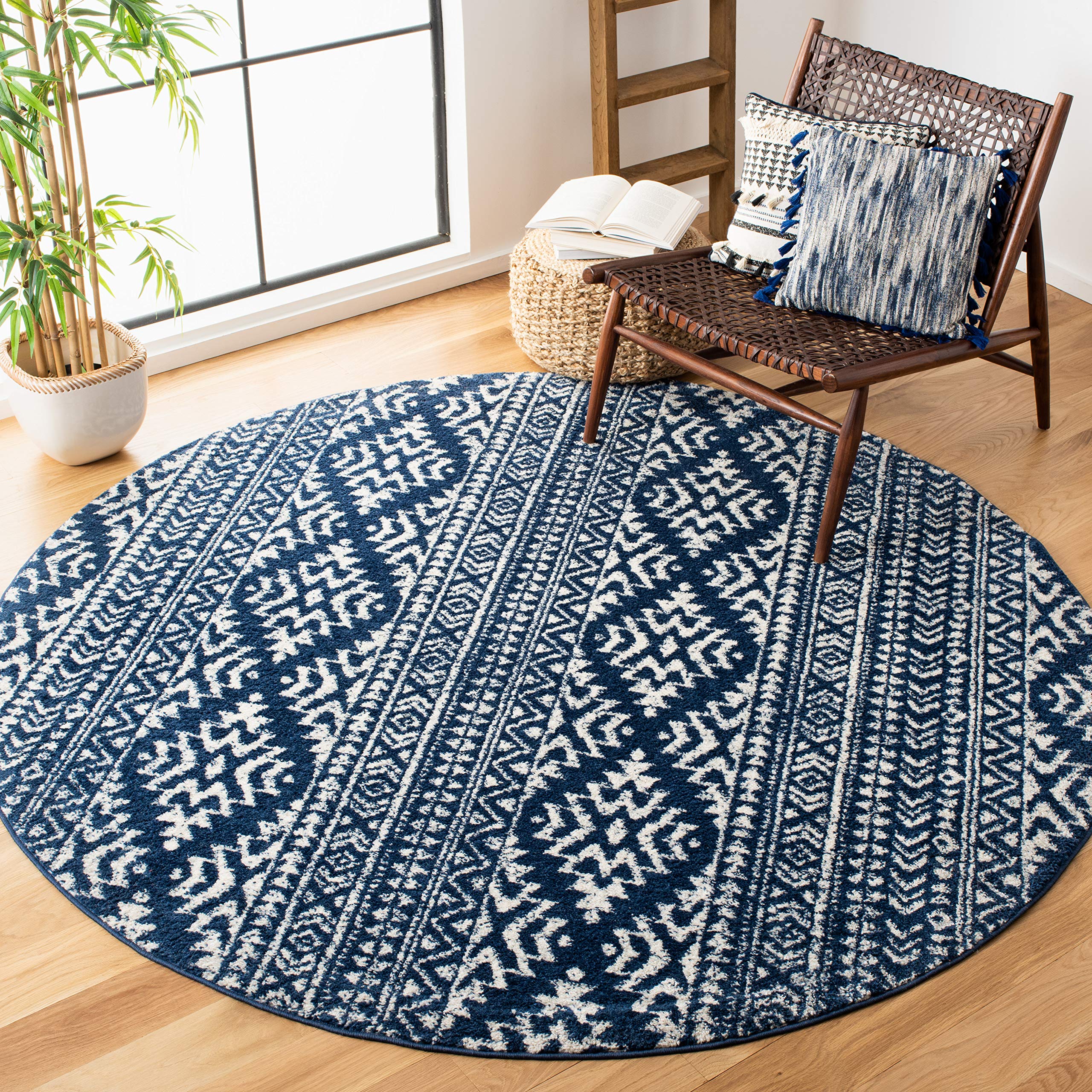 SAFAVIEH Tulum Collection 5 Round Navy/Ivory TUL272N Moroccan Boho Tribal Non-Shedding Dining Room Entryway Foyer Living Room B