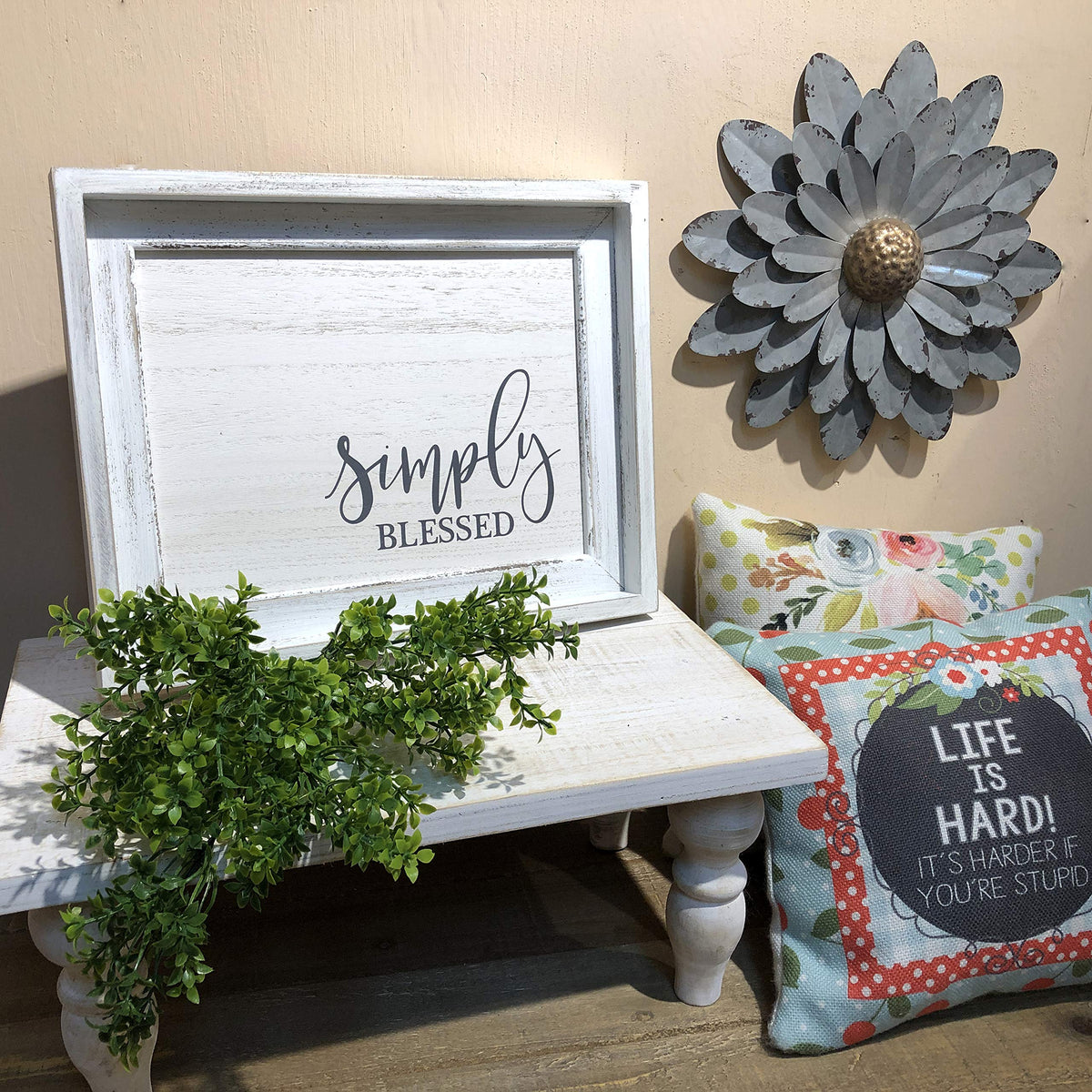 Parisloft Simply Blessed Wood Wall Framed Sign White Wood Wall Decor 12X10 Inch