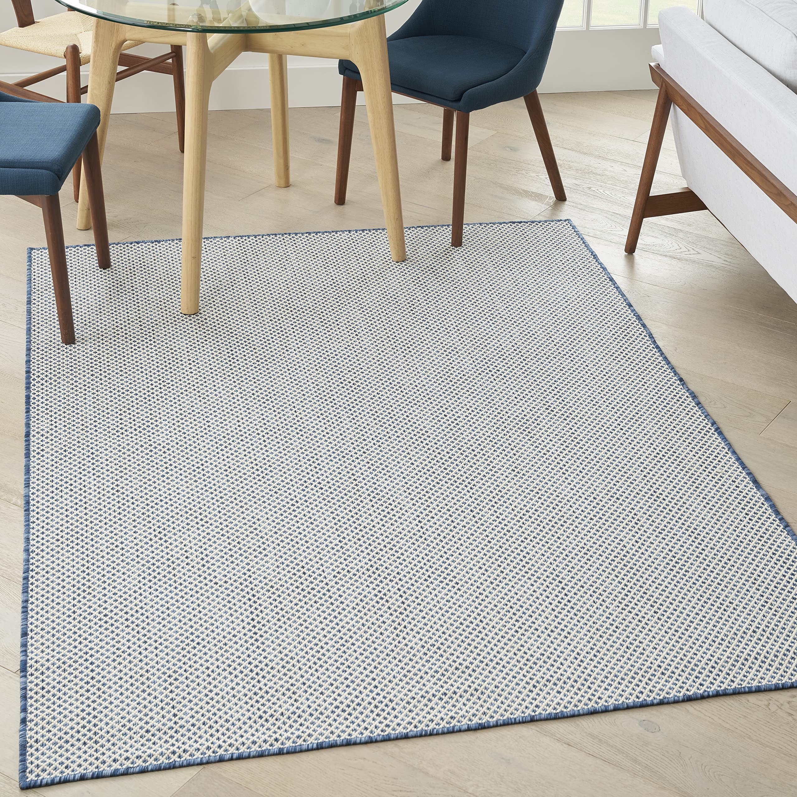 Nourison Courtyard Indoor/Outdoor Ivory Blue 5' X 7' Area Rug, Geometric, Easy Cleaning, Non Shedding, Bed Room, Living Room, Di