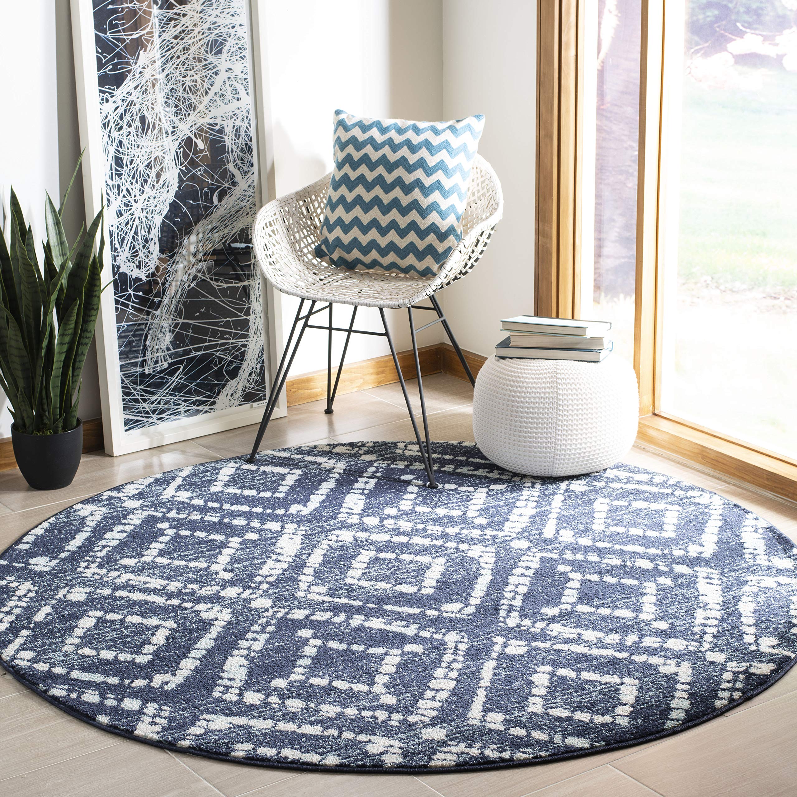 SAFAVIEH Adirondack Collection 3 Round Navy/Ivory ADR131N Diamond Distressed Non-Shedding Living Room Bedroom Area Rug