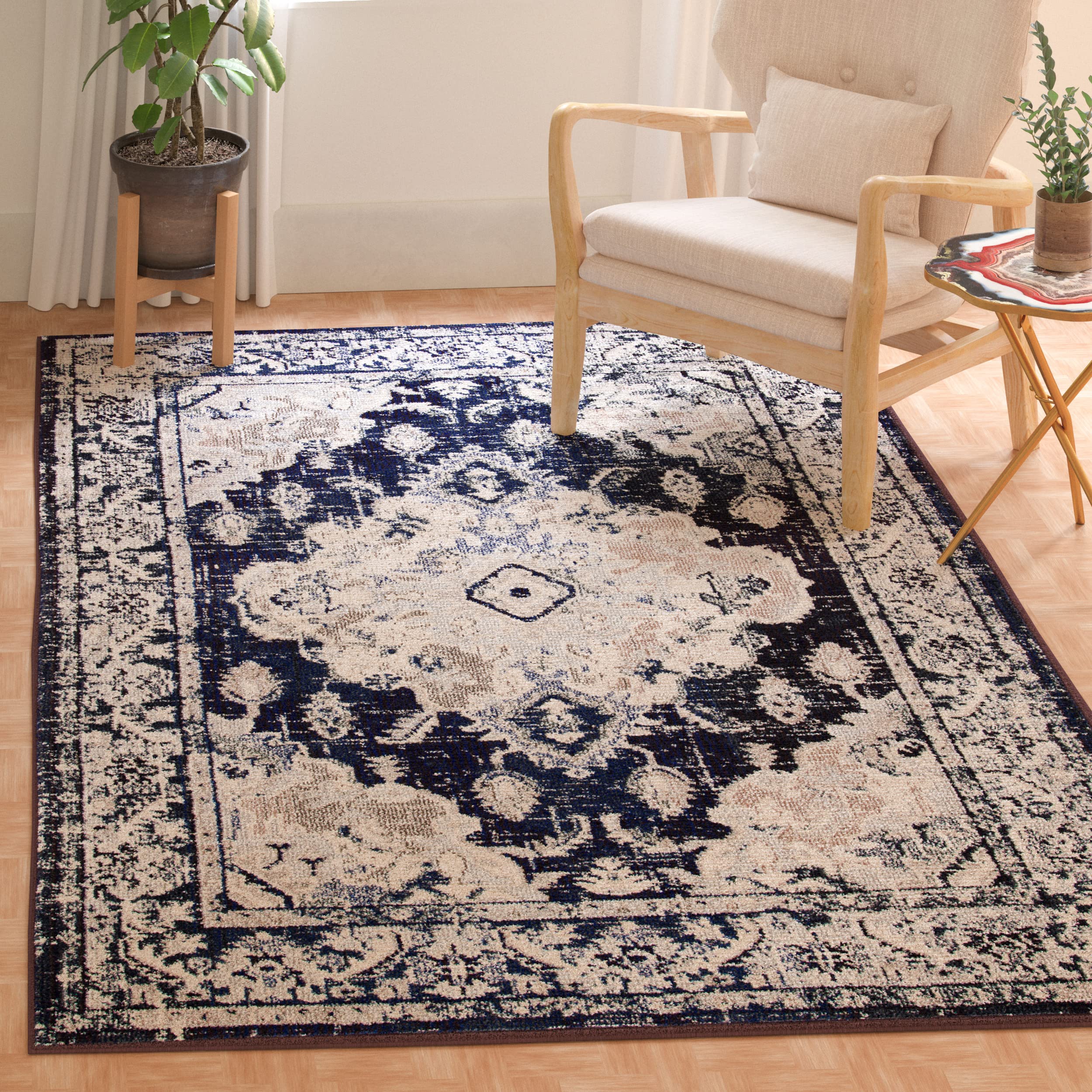 SAFAVIEH Monaco Collection Area Rug - 8 x 10, Ivory & Navy, Boho Chic Medallion Distressed Design, Non-Shedding & Easy Care, I