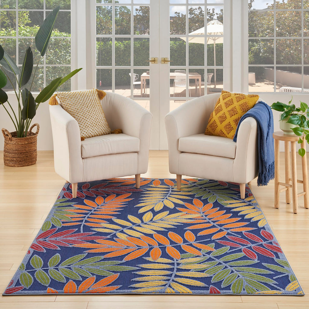 Nourison Aloha Indoor/Outdoor Navy Multicolor 5'3' X 7'5' Area Rug, Easy Cleaning, Non Shedding, Bed Room, Living Room, Dining Room, Backyard, Deck, Patio (5X7)