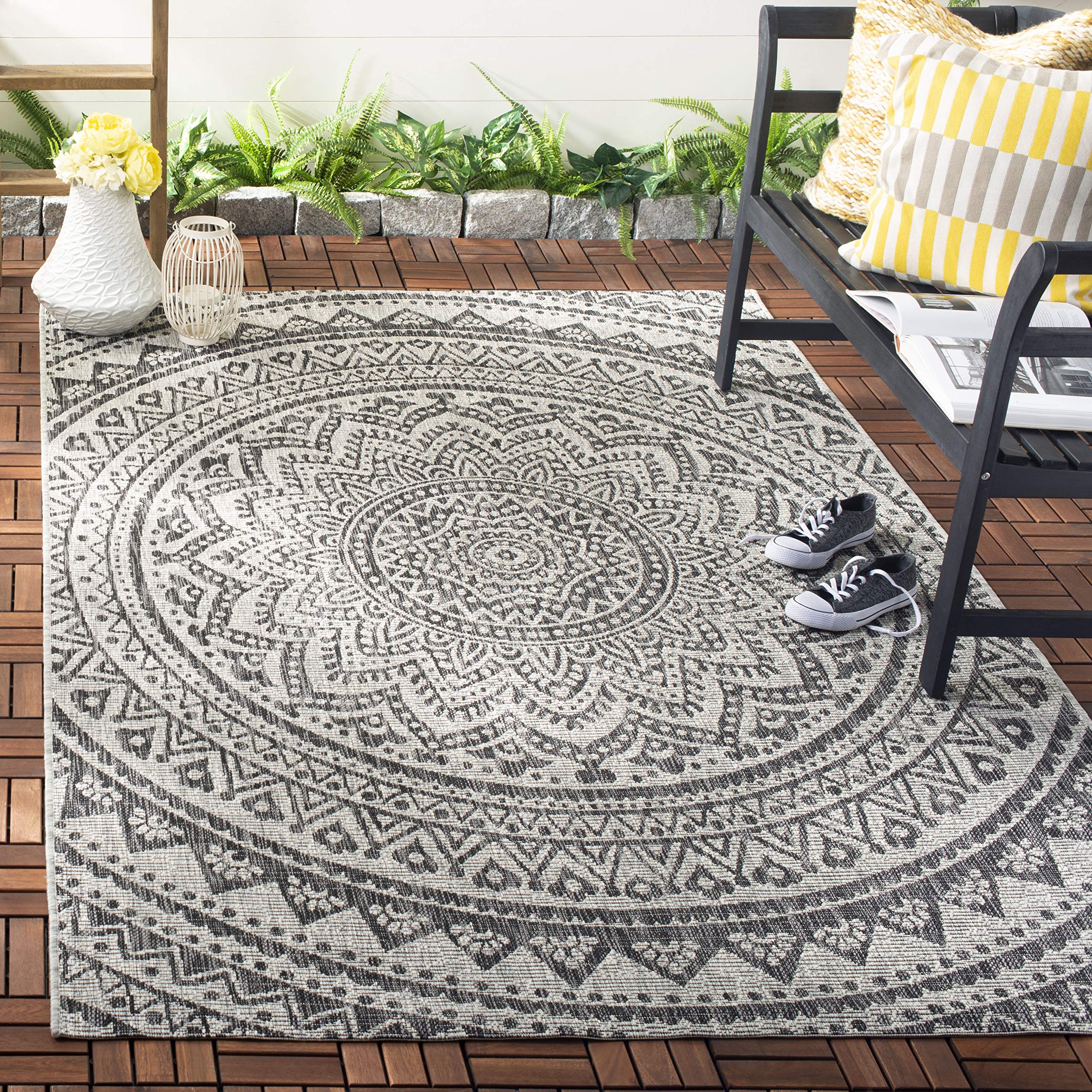 Safavieh Courtyard Collection 6'7' X 9'6' Light Grey/Black Cy8734 Indoor/ Outdoor Waterproof Easy Cleaning Patio Backyard Mudroom Area Rug