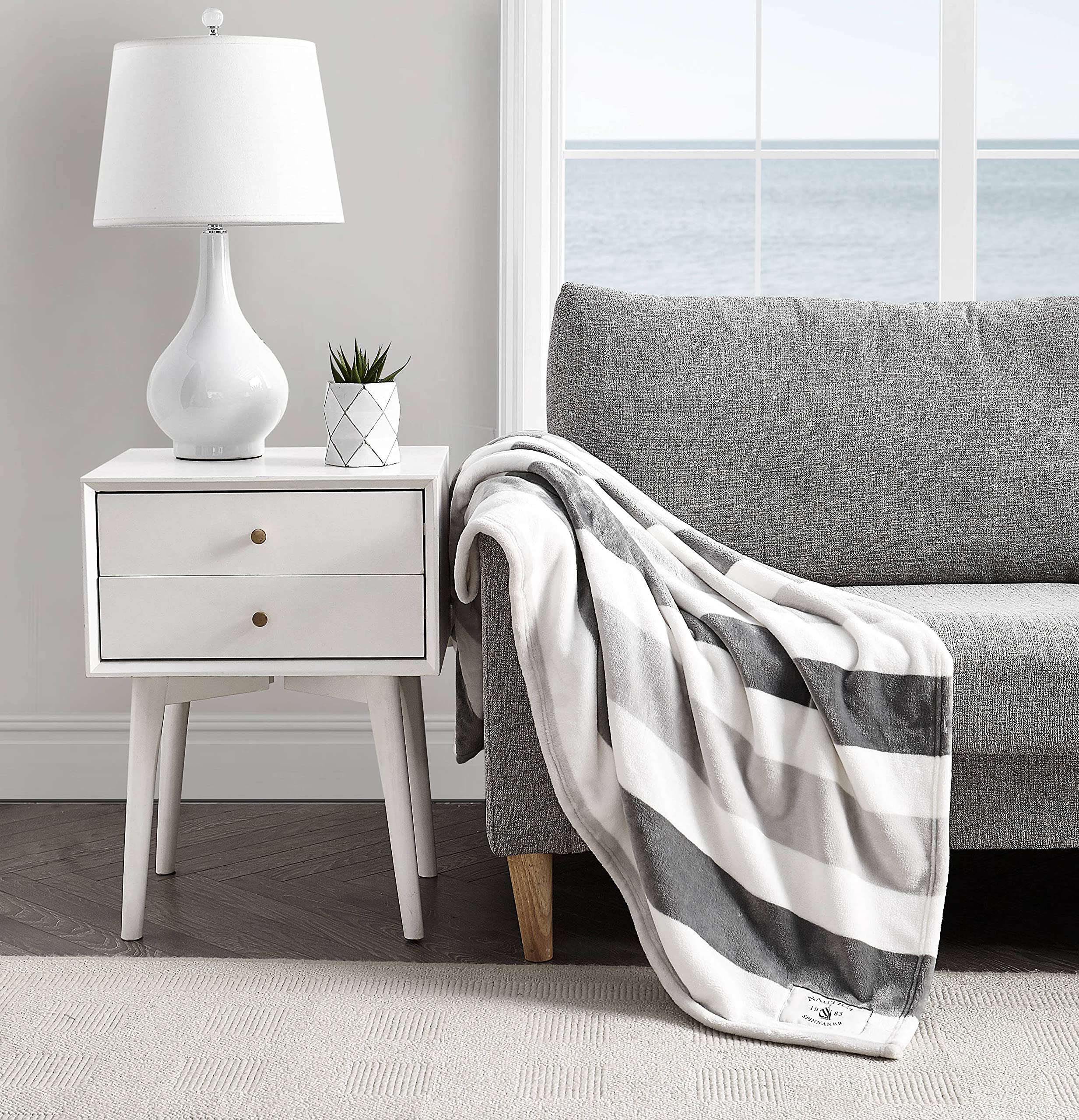 Nautica - Throw Blanket, Super Soft & Cozy Fleece Bedding, Dorm Room Essentials (Awning Stripe Grey, Throw)