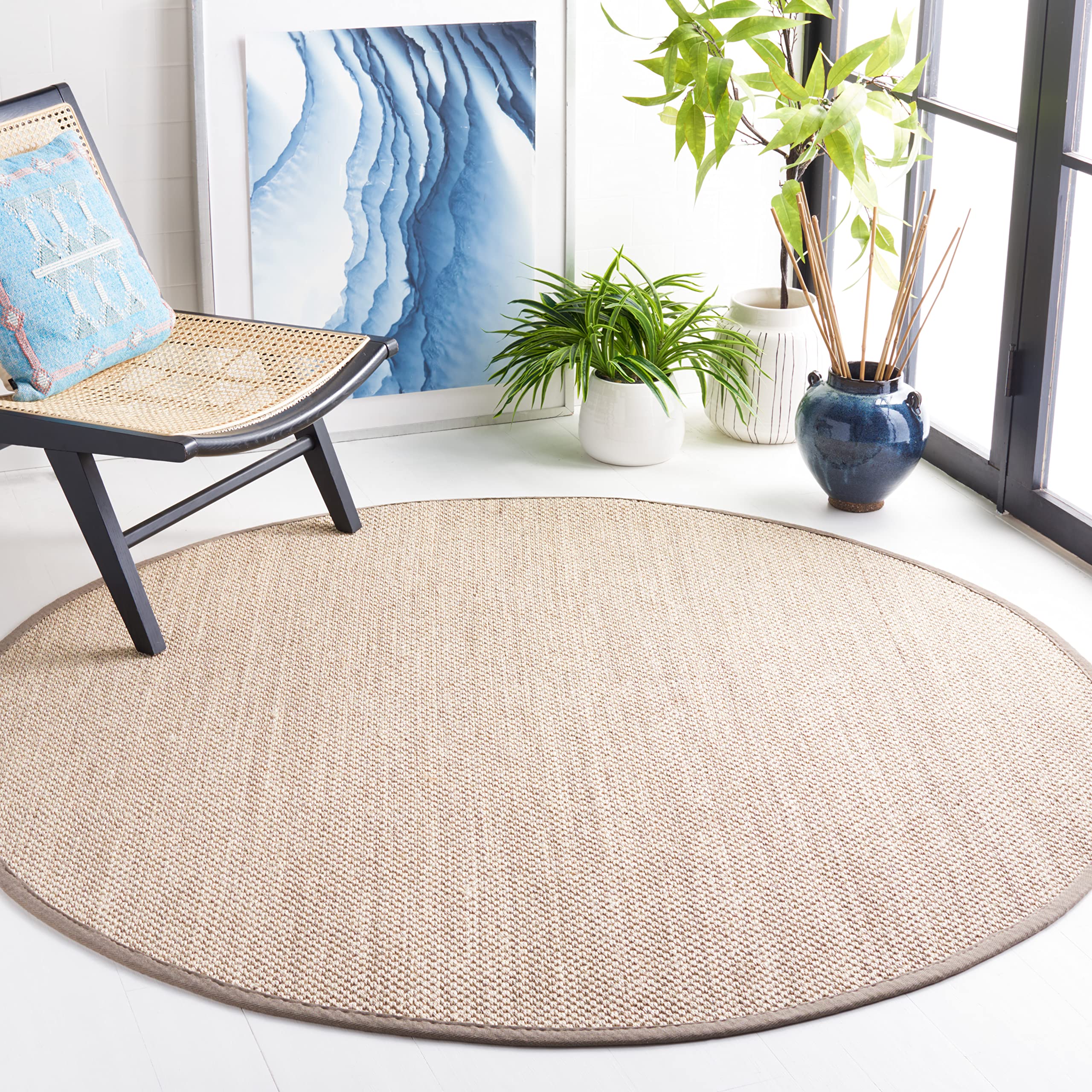 SAFAVIEH Natural Fiber Collection 6 Round Marble / Khaki NF143E Border Sisal Area Rug