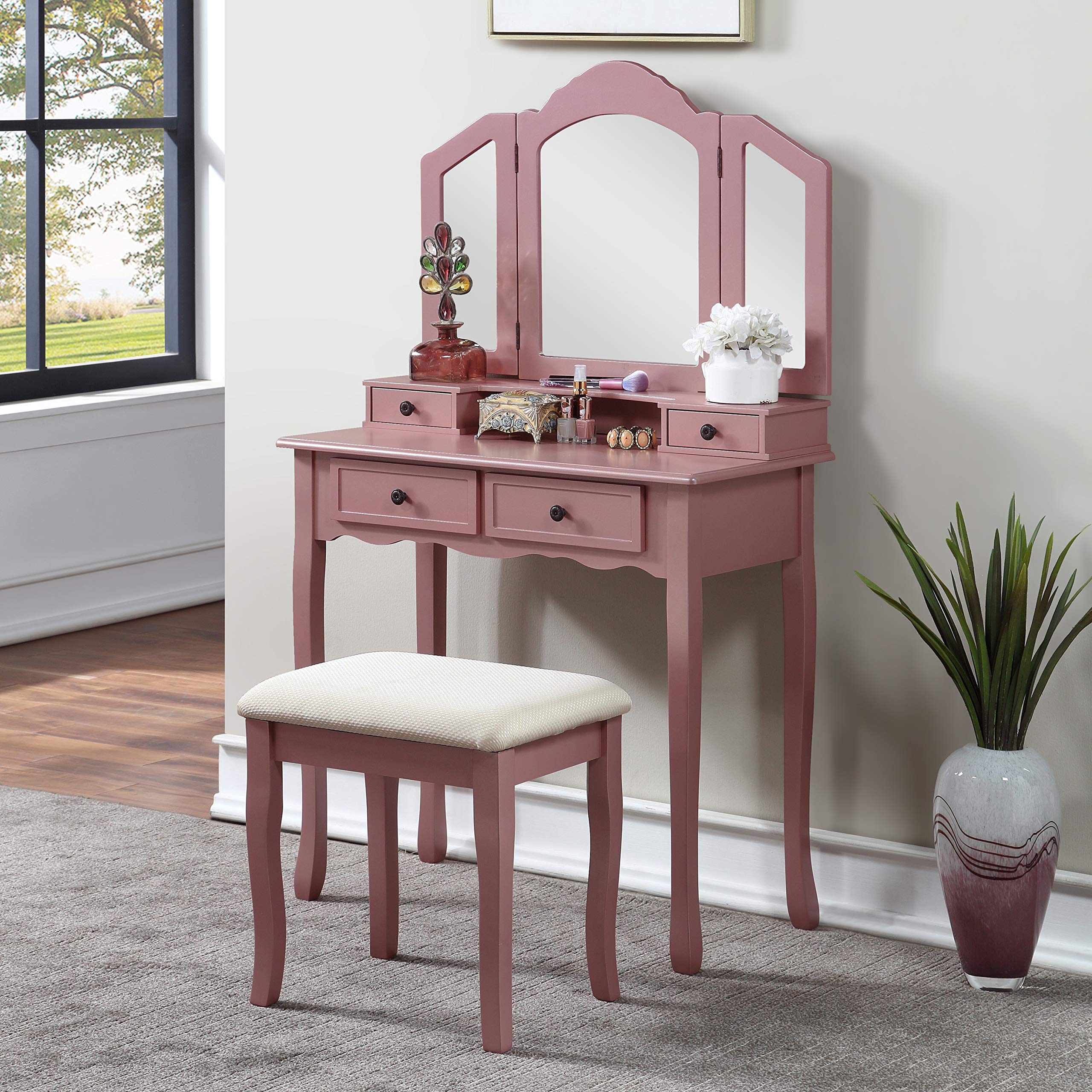 Sanlo Wooden Vanity Make Up Table And Stool Set, Rose Gold