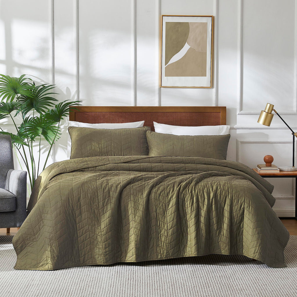 Palassio Green 100% Cotton Quilt Twin Size Bedding Sets With Pillow Shams, Olive Lightweight Soft Bedspread Coverlet, Sage Quilt