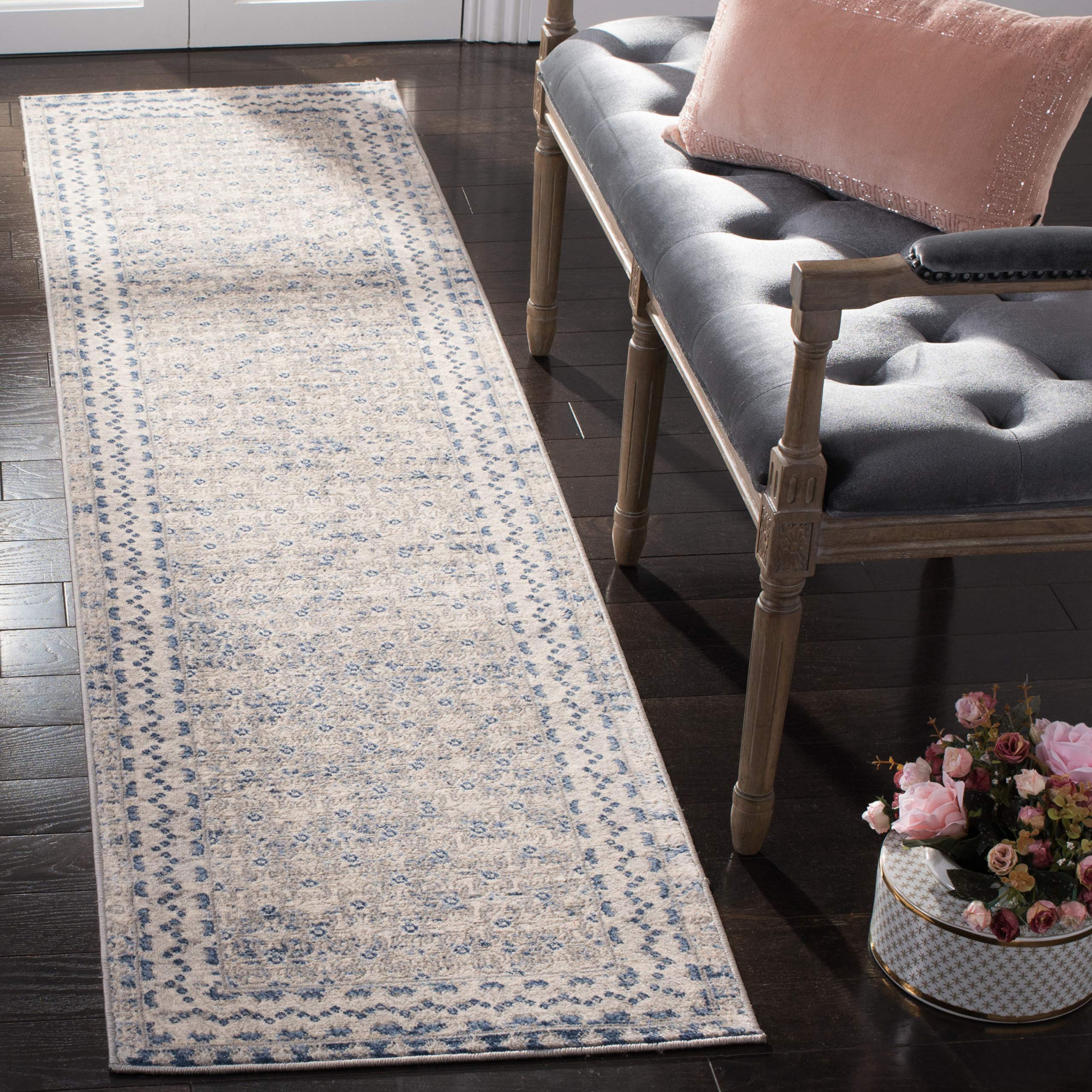 SAFAVIEH Brentwood Collection Runner Rug - 2 x 12, Light Grey & Blue, Traditional Oriental Distressed Design, Non-Shedding & E