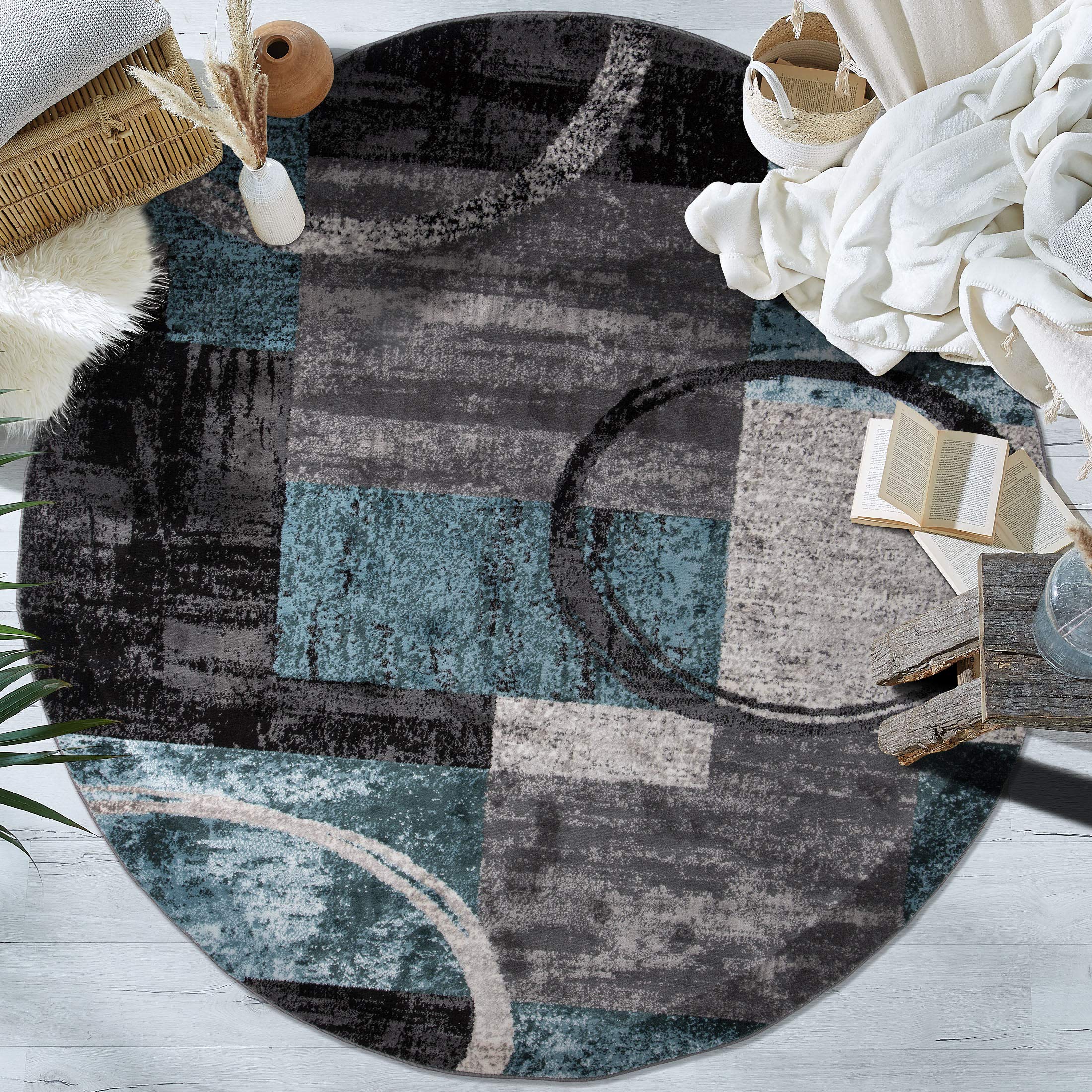 Rugshop Contemporary Abstract Circle Design Soft Round Rug 6' 6'' (6' 6'' Diameter) Gray