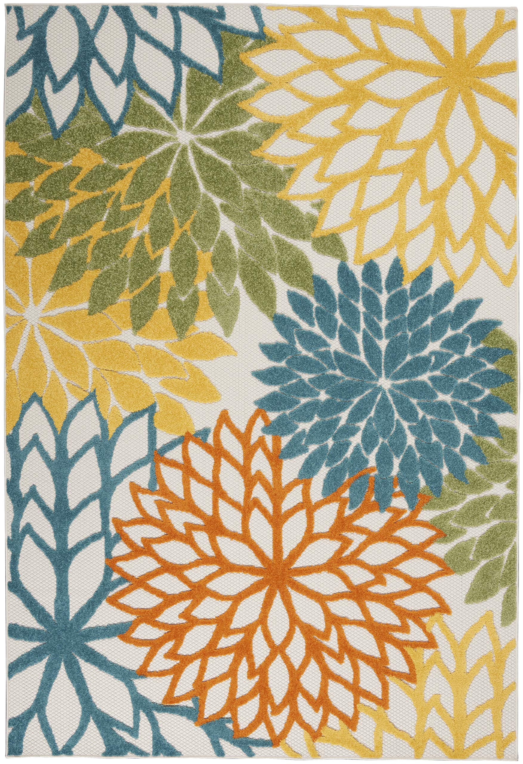 Nourison Aloha Indoor/Outdoor Floral Turquoise Multicolor 3'6' X 5'6' Area Rug, (4' X 6')