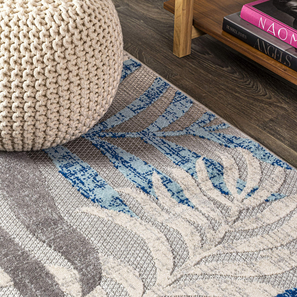 Jonathan Y Amc100A-5Sq Tropics Palm Leaves Indoor Outdoor Area-Rug Bohemian Floral Easy-Cleaning High Traffic Bedroom Kitchen Backyard Patio Porch Non Shedding, 5 Ft Square, Gray/Blue