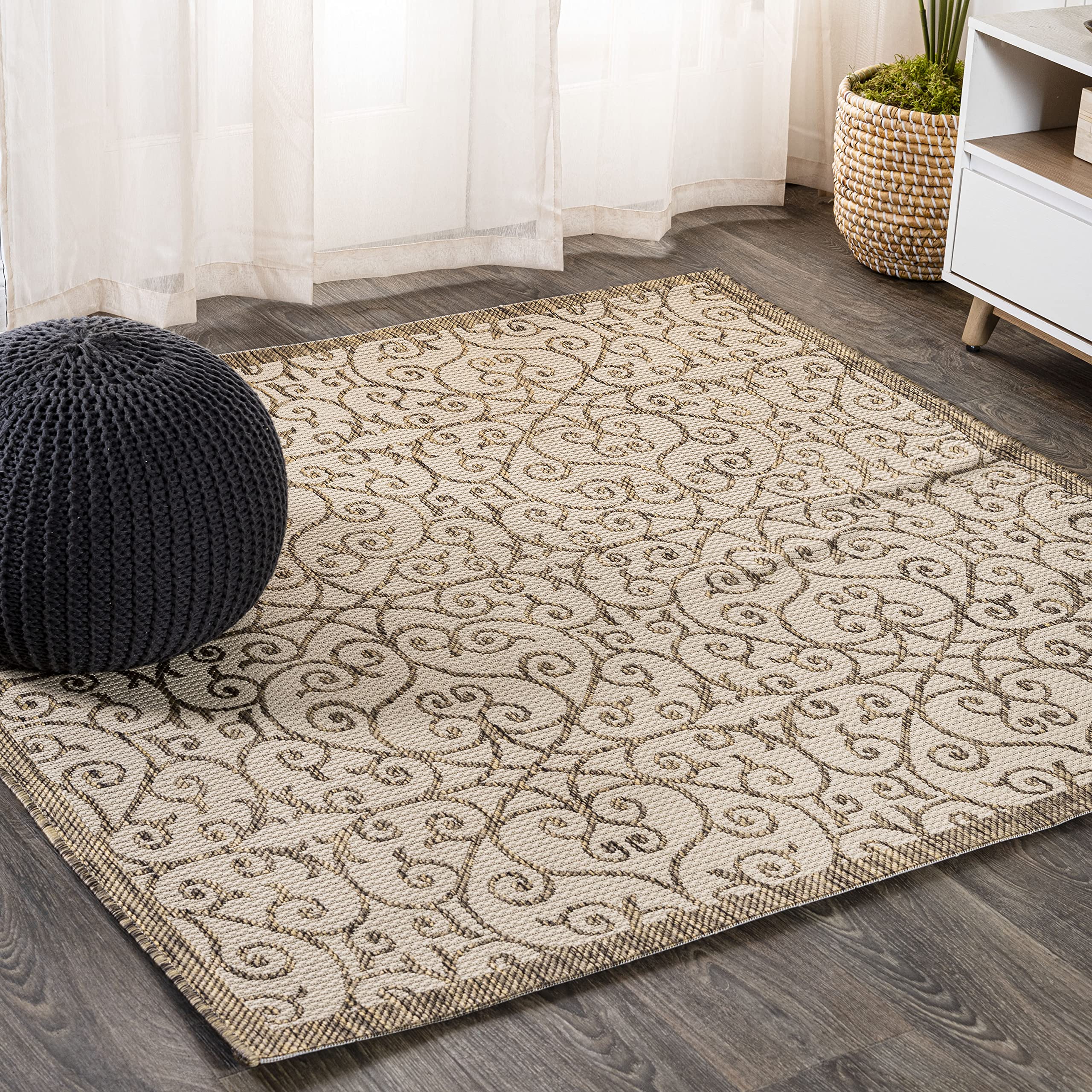 Jonathan Y Smb107B-9Sq Madrid Vintage Filigree Textured Weave Beige/Brown 9' Square Indoor/Outdoor Area Rug, Pet Friendly, Non-S