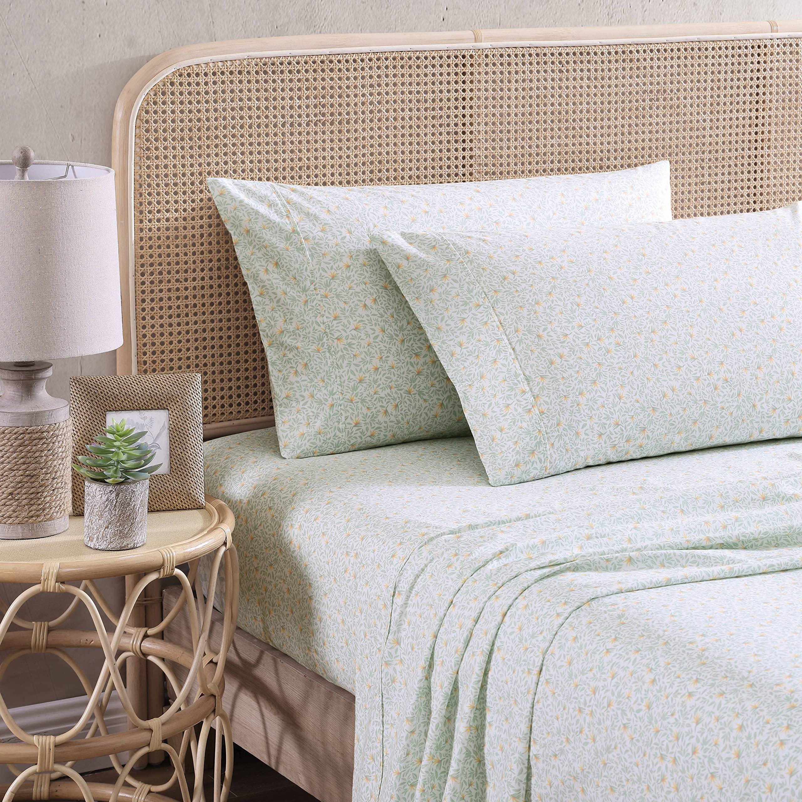 Tommy Bahama - Queen Sheets, Cotton Percale Bedding Set, Crisp & Cool, Stylish Bedding Set (Crane Flower Green, Queen)